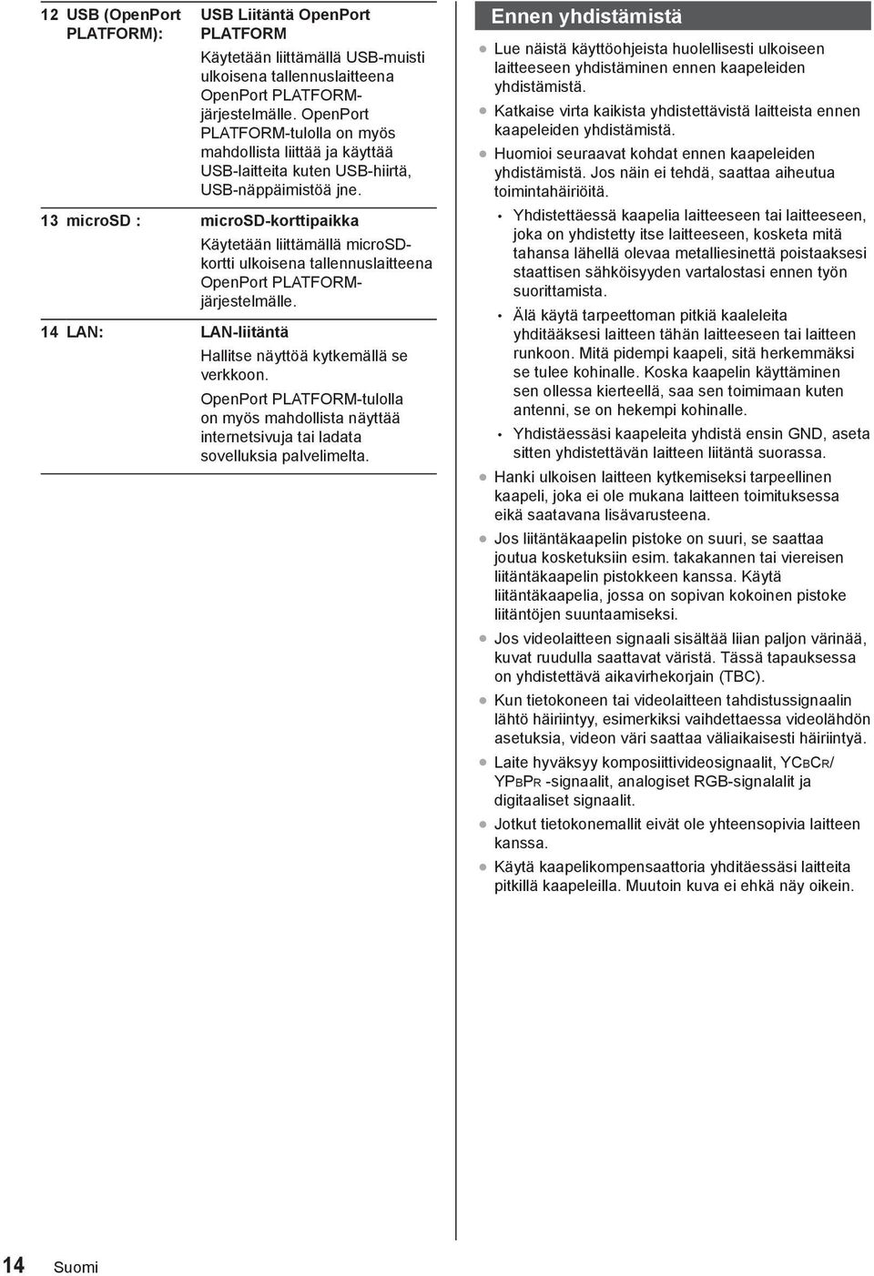 13 microsd : microsd-korttipaikka 14 LAN: LAN-liitäntä Käytetään liittämällä microsdkortti ulkoisena tallennuslaitteena OpenPort PLATFORMjärjestelmälle. Hallitse näyttöä kytkemällä se verkkoon.