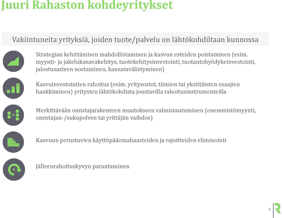 myynti- ja jakelukanavakehitys, tuotekehitysinvestointi, tuotantohyödykeinvestointi, jalostusasteen nostaminen, kansainvälistyminen) Kasvuinvestointien rahoitus (esim.