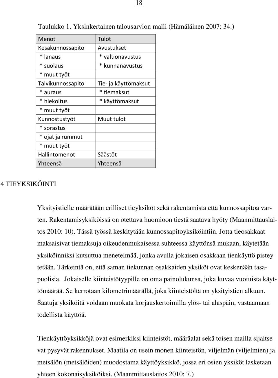 työt Kunnostustyöt Muut tulot * sorastus * ojat ja rummut * muut työt Hallintomenot Säästöt Yhteensä Yhteensä 4 TIEYKSIKÖINTI Yksityistielle määrätään erilliset tieyksiköt sekä rakentamista että