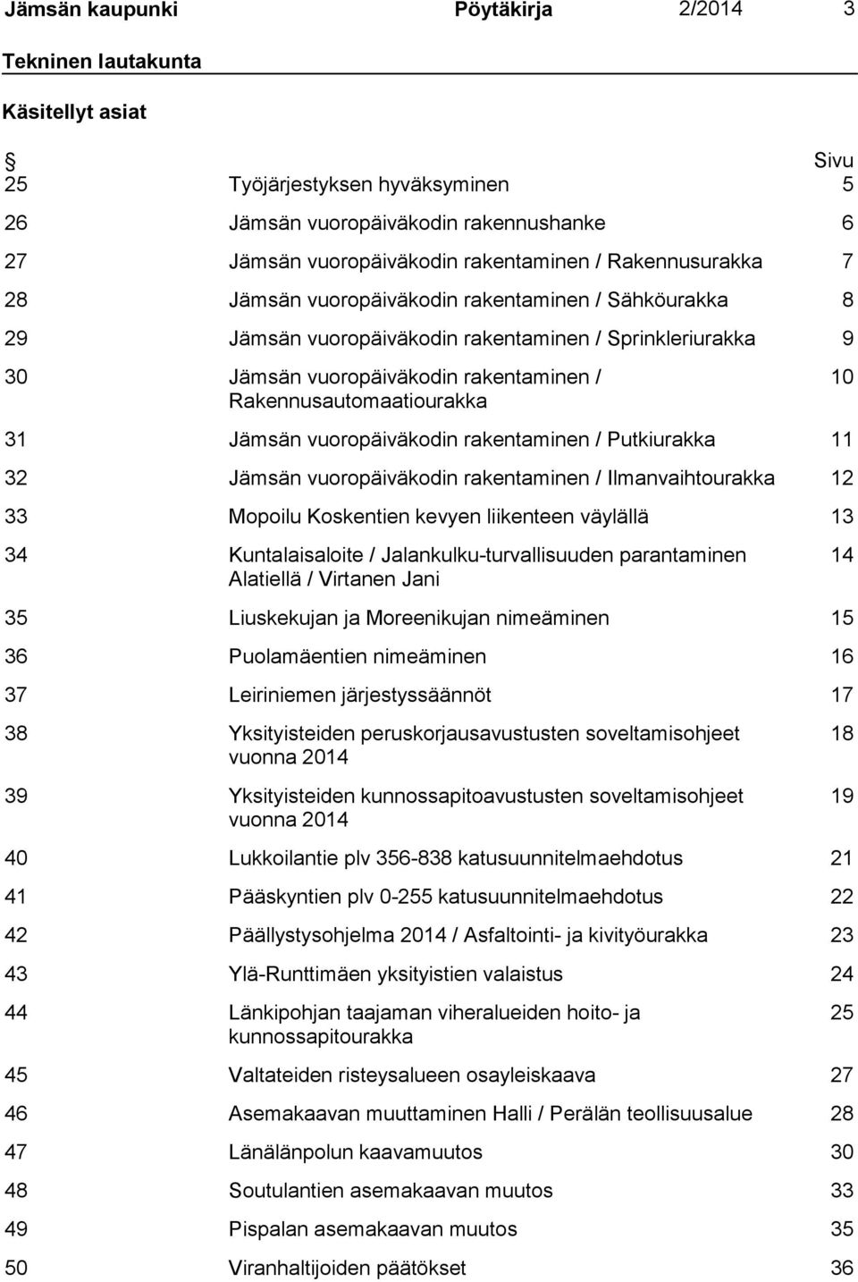 10 31 Jämsän vuoropäiväkodin rakentaminen / Putkiurakka 11 32 Jämsän vuoropäiväkodin rakentaminen / Ilmanvaihtourakka 12 33 Mopoilu Koskentien kevyen liikenteen väylällä 13 34 Kuntalaisaloite /