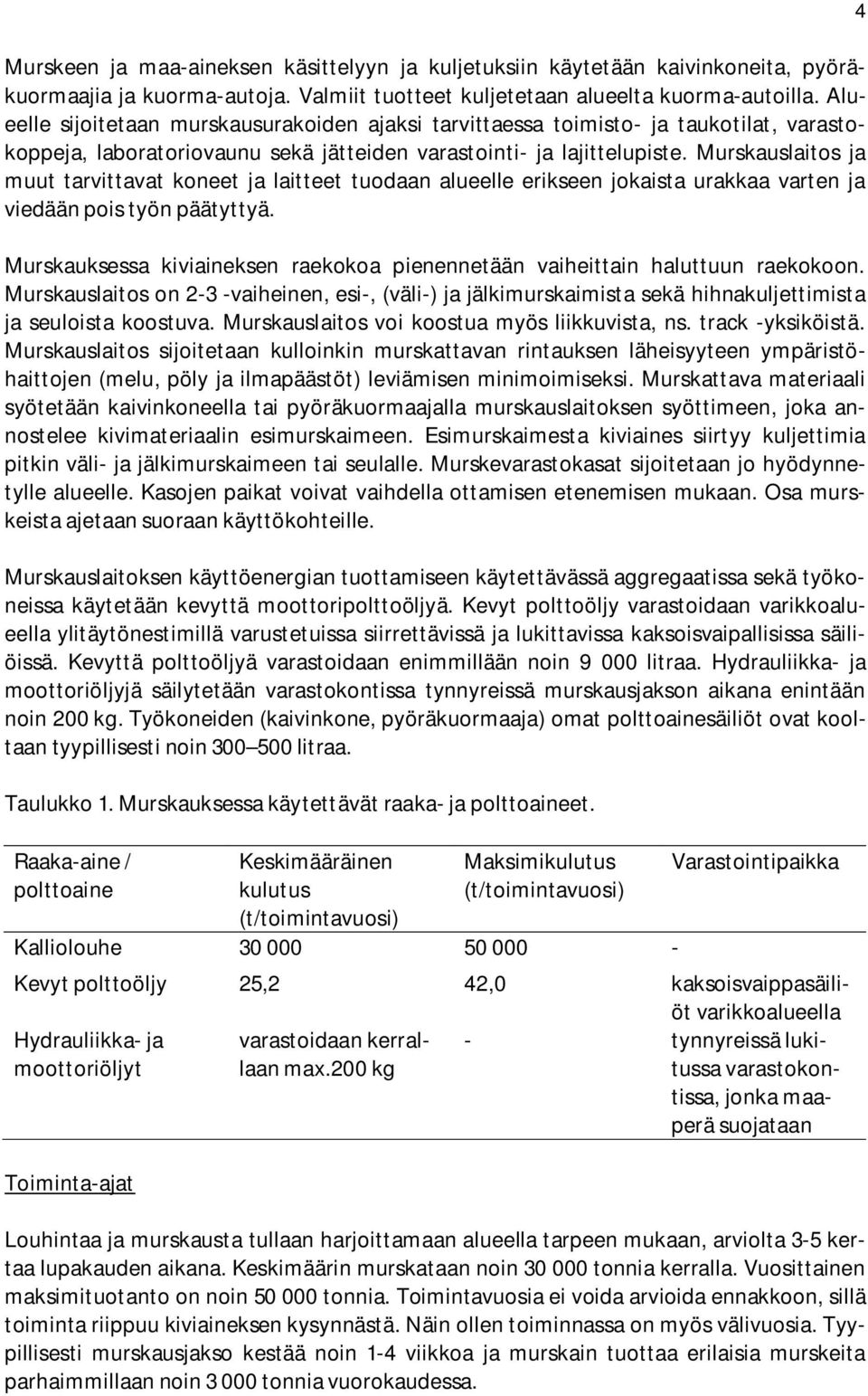 Murskauslaitos ja muut tarvittavat koneet ja laitteet tuodaan alueelle erikseen jokaista urakkaa varten ja viedään pois työn päätyttyä.