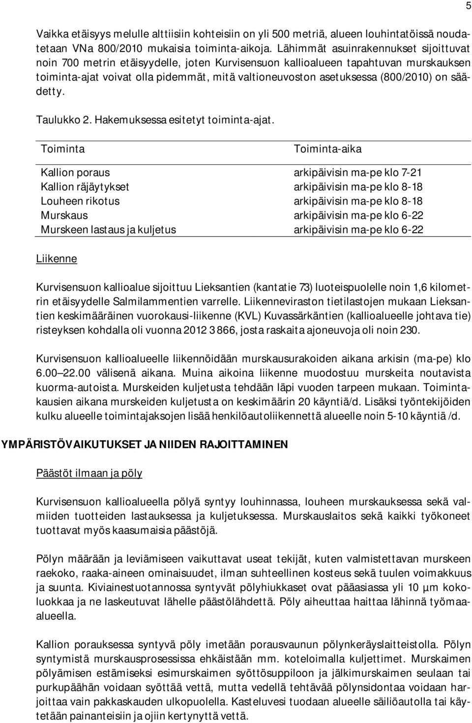 (800/2010) on säädetty. Taulukko 2. Hakemuksessa esitetyt toiminta-ajat.