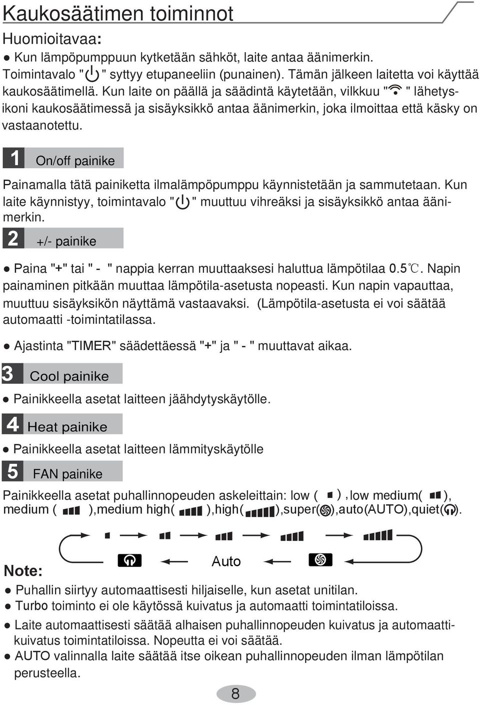 1 On/off painike Painamalla tätä painiketta ilmalämpöpumppu käynnistetään ja sammutetaan. Kun laite käynnistyy, toimintavalo " " muuttuu vihreäksi ja sisäyksikkö antaa äänimerkin.