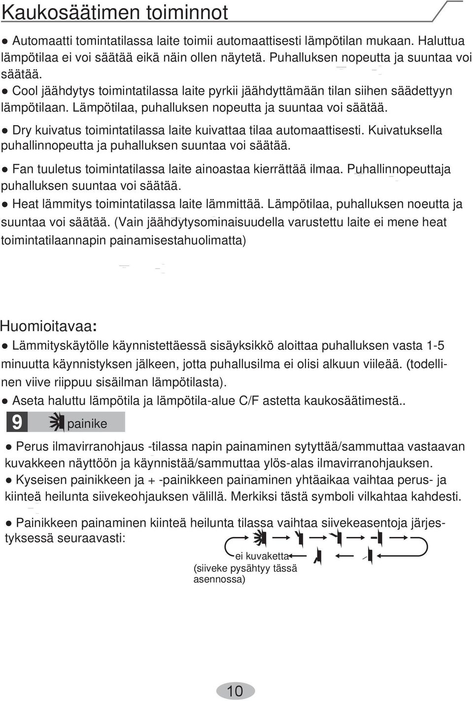 Dry kuivatus toimintatilassa laite kuivattaa tilaa automaattisesti. Kuivatuksella puhallinnopeutta ja puhalluksen suuntaa voi säätää. Fan tuuletus toimintatilassa laite ainoastaa kierrättää ilmaa.