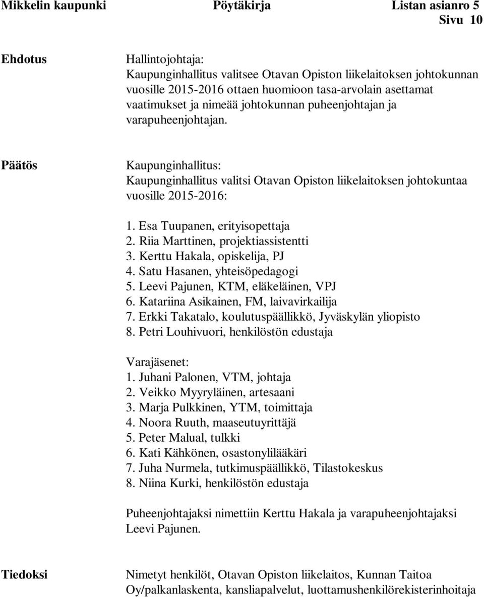 Esa Tuupanen, erityisopettaja 2. Riia Marttinen, projektiassistentti 3. Kerttu Hakala, opiskelija, PJ 4. Satu Hasanen, yhteisöpedagogi 5. Leevi Pajunen, KTM, eläkeläinen, VPJ 6.