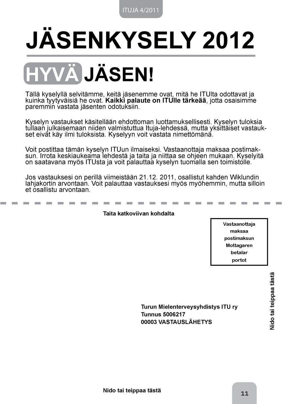 Kyselyn tuloksia tullaan julkaisemaan niiden valmistuttua Ituja-lehdessä, mutta yksittäiset vastaukset eivät käy ilmi tuloksista. Kyselyyn voit vastata nimettömänä.