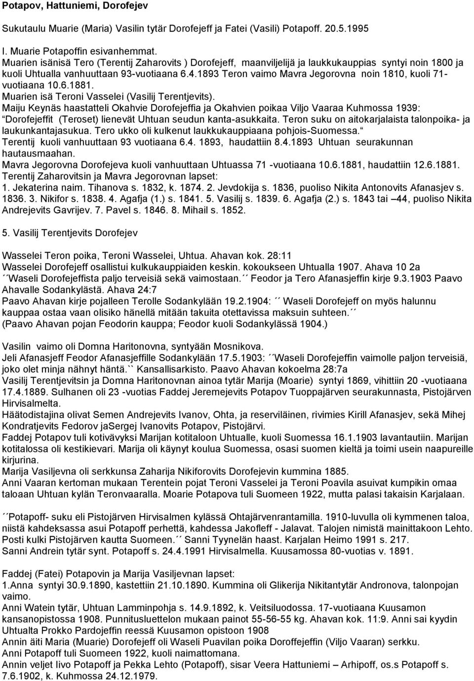 1893 Teron vaimo Mavra Jegorovna noin 1810, kuoli 71- vuotiaana 10.6.1881. Muarien isä Teroni Vasselei (Vasilij Terentjevits).