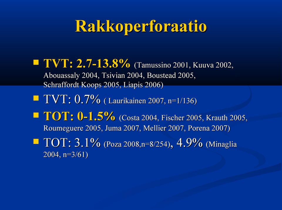 Schraffordt Koops 2005, Liapis 2006) TVT: 0.7% ( Laurikainen 2007, n=/36) TOT: 0-.