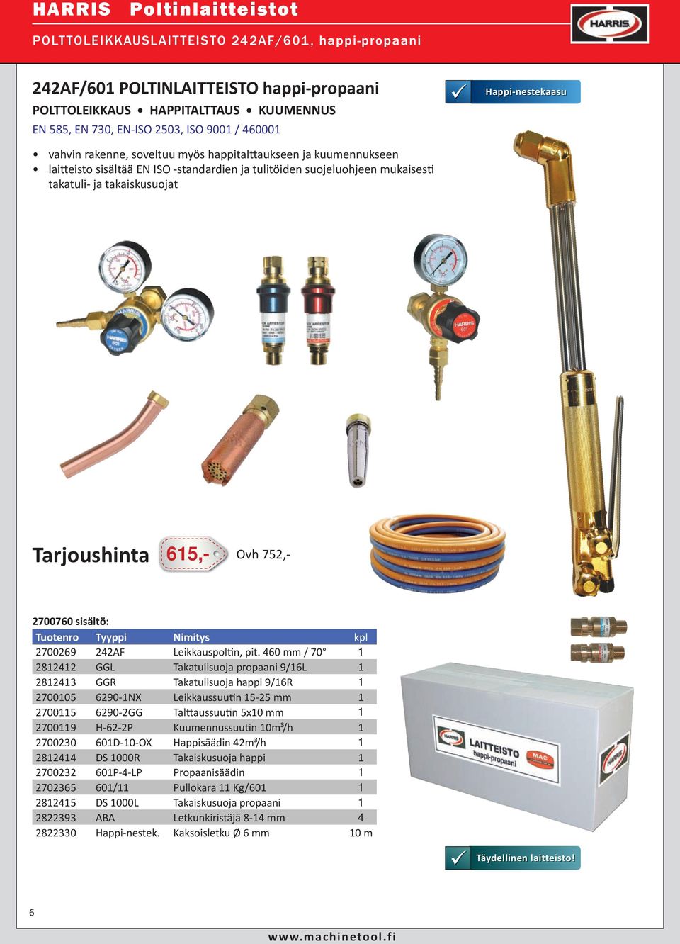 Tarjoushinta 615,- Ovh 752,- 2700760 sisältö: Tuotenro Tyyppi Nimitys kpl 2700269 242AF Leikkauspoln, pit.