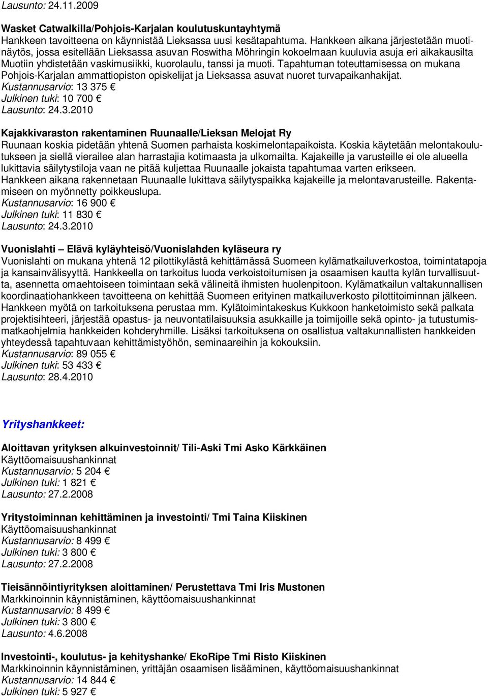 muoti. Tapahtuman toteuttamisessa on mukana Pohjois-Karjalan ammattiopiston opiskelijat ja Lieksassa asuvat nuoret turvapaikanhakijat. Kustannusarvio: 13 