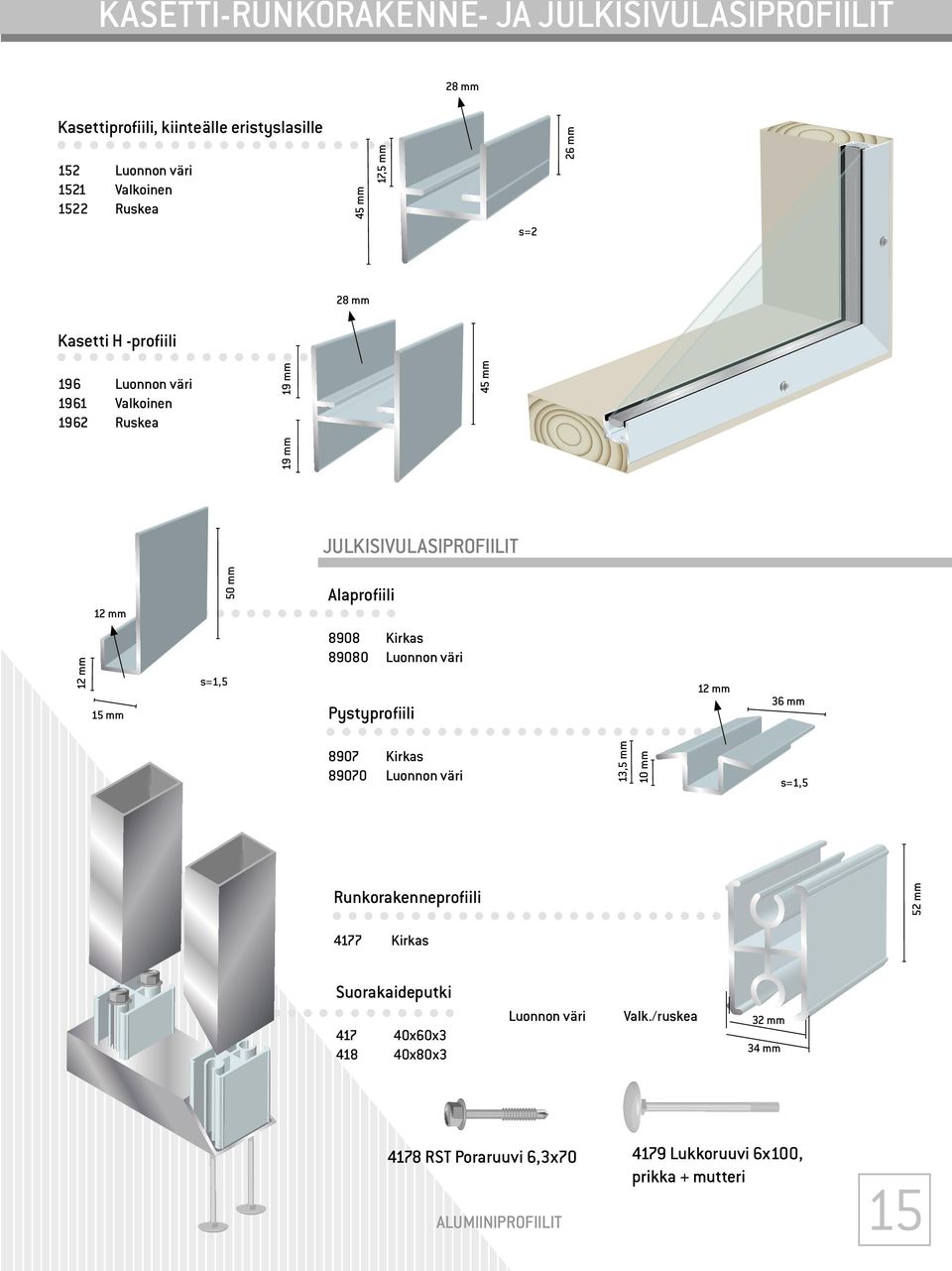 8908 Kirkas 89080 s=1,5 36 mm s=1,5 52 mm 8907 Kirkas 89070 10 mm Pystyprofiili 13,5 mm 15 mm 12 mm Runkorakenneprofiili 4177 Kirkas