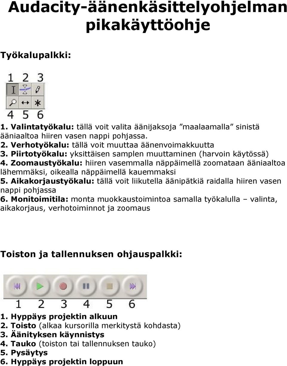 Zoomaustyökalu: hiiren vasemmalla näppäimellä zoomataan ääniaaltoa lähemmäksi, oikealla näppäimellä kauemmaksi 5.