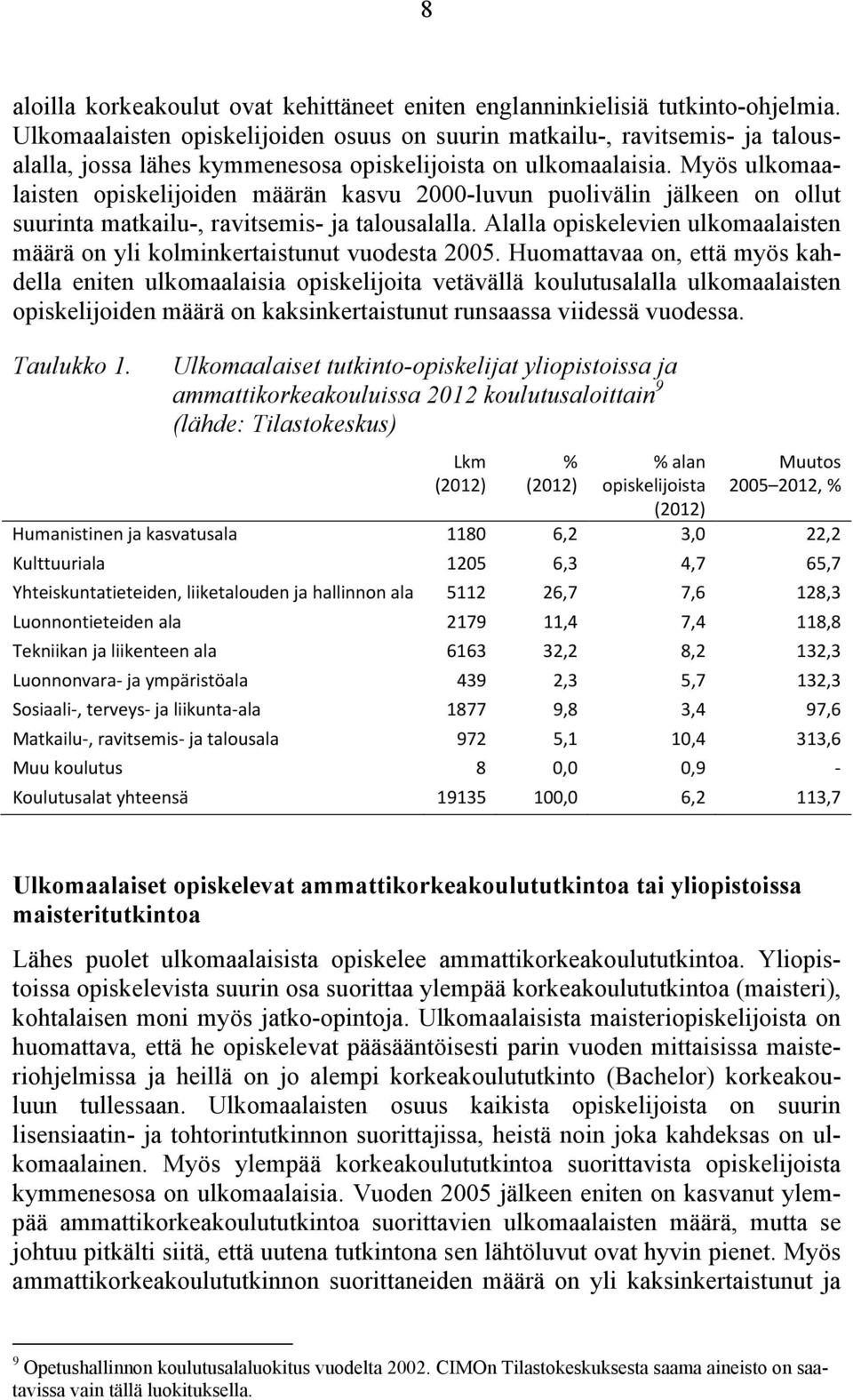 Myös ulkomaalaisten opiskelijoiden määrän kasvu 2000-luvun puolivälin jälkeen on ollut suurinta matkailu-, ravitsemis- ja talousalalla.