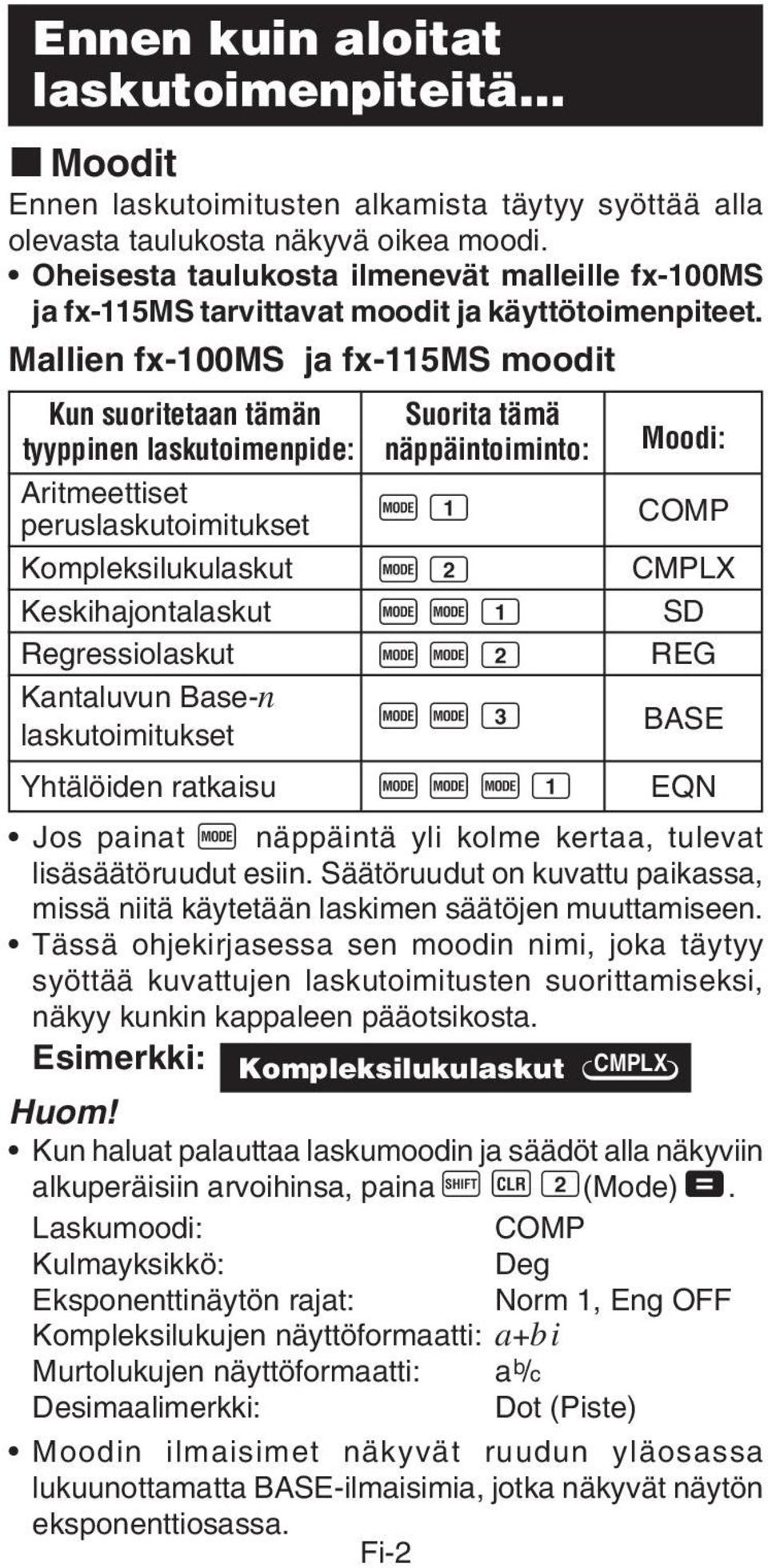 Mallien fx-100ms ja fx-115ms moodit Kun suoritetaan tämän Suorita tämä tyyppinen laskutoimenpide: näppäintoiminto: Moodi: Aritmeettiset peruslaskutoimitukset F 1 COMP Kompleksilukulaskut F 2 CMPLX