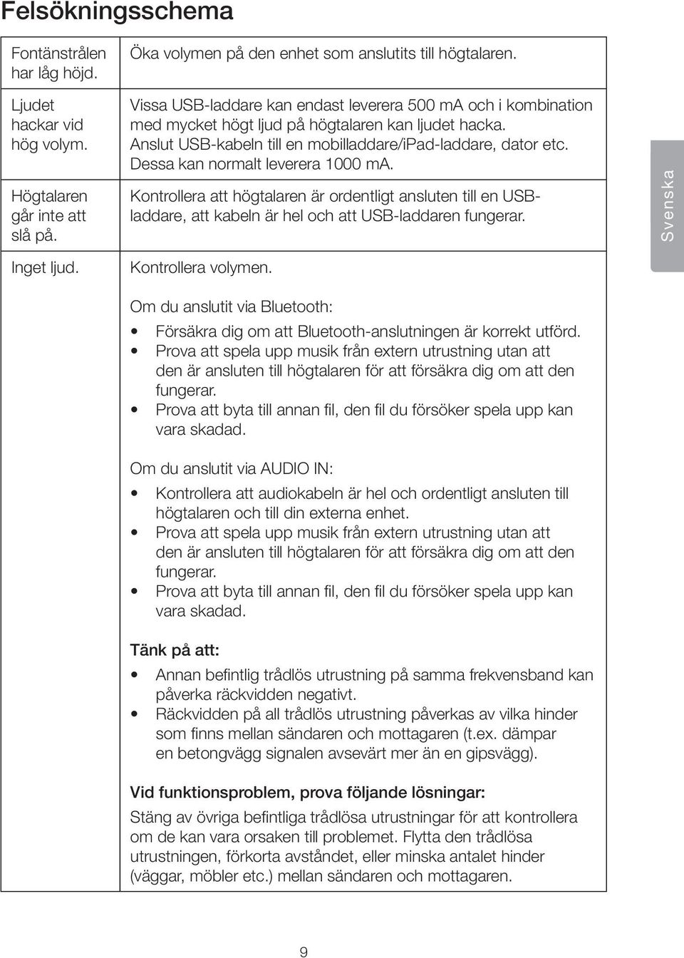 Dessa kan normalt leverera 1000 ma. Kontrollera att högtalaren är ordentligt ansluten till en USBladdare, att kabeln är hel och att USB-laddaren fungerar. Svenska Inget ljud. Kontrollera volymen.