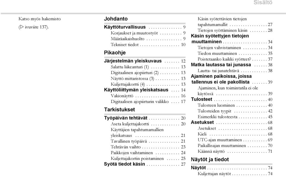 .............. 13 Käyttöliittymän yleiskatsaus.... 14 Vakionäyttö.................... 16 Digitaalisen ajopiirturin valikko.... 17 Tarkistukset Työpäivän tehtävät.............. 20 Aseta kuljettajakortti.