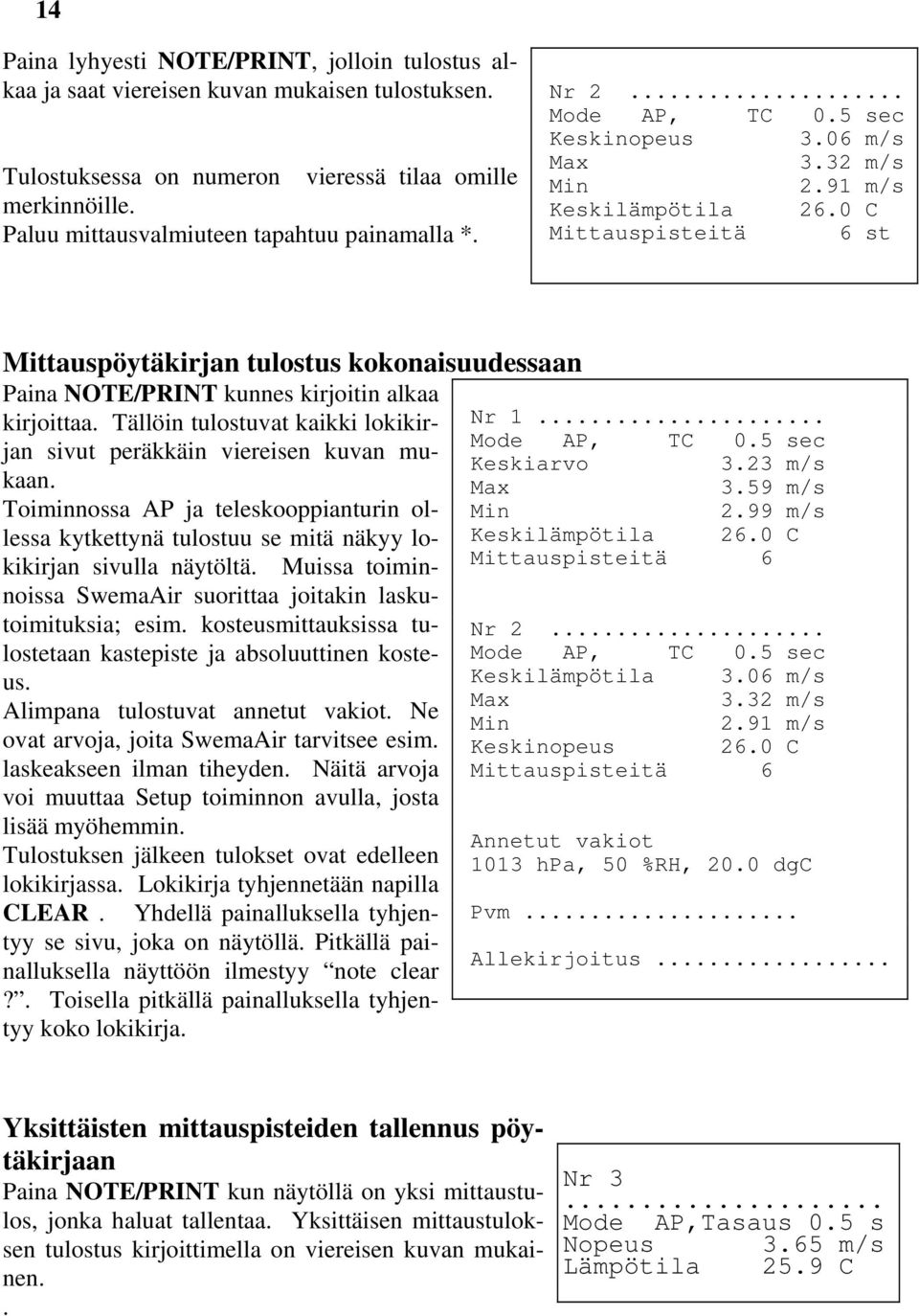 0 C Mittauspisteitä 6 st Mittauspöytäkirjan tulostus kokonaisuudessaan Paina NOTE/PRINT kunnes kirjoitin alkaa kirjoittaa. Tällöin tulostuvat kaikki lokikirjan sivut peräkkäin viereisen kuvan u- Nr 1.