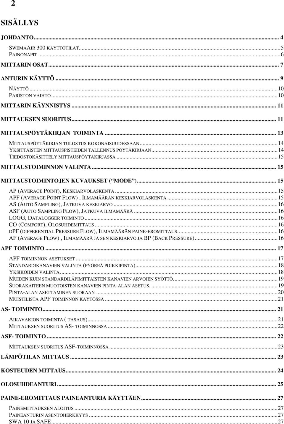 ..15 MITTAUSTOIMINNON VALINTA... 15 MITTAUSTOIMINTOJEN KUVAUKSET ( MODE )... 15 AP (AVERAGE POINT), KESKIARVOLASKENTA...15 APF (AVERAGE POINT FLOW), ILMAMÄÄRÄN KESKIARVOLASKENTA.