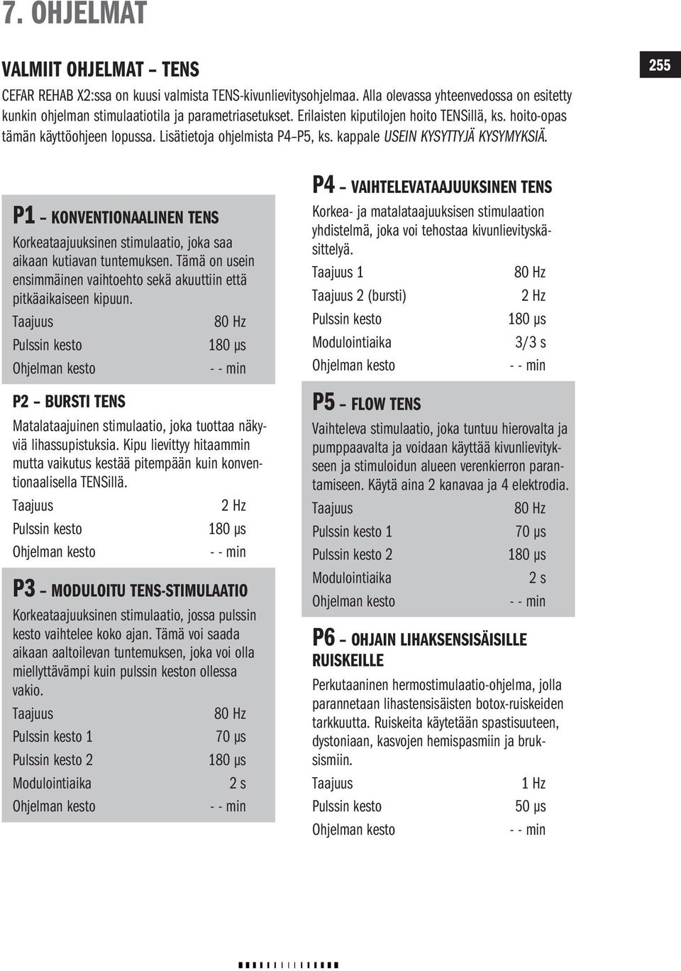 255 P1 KONVENTIONAALINEN TENS Korkeataajuuksinen stimulaatio, joka saa aikaan kutiavan tuntemuksen. Tämä on usein ensimmäinen vaihtoehto sekä akuuttiin että pitkäaikaiseen kipuun.