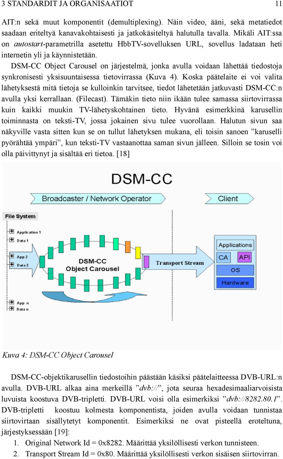 DSM-CC Object Carousel on järjestelmä, jonka avulla voidaan lähettää tiedostoja synkronisesti yksisuuntaisessa tietovirrassa (Kuva 4).