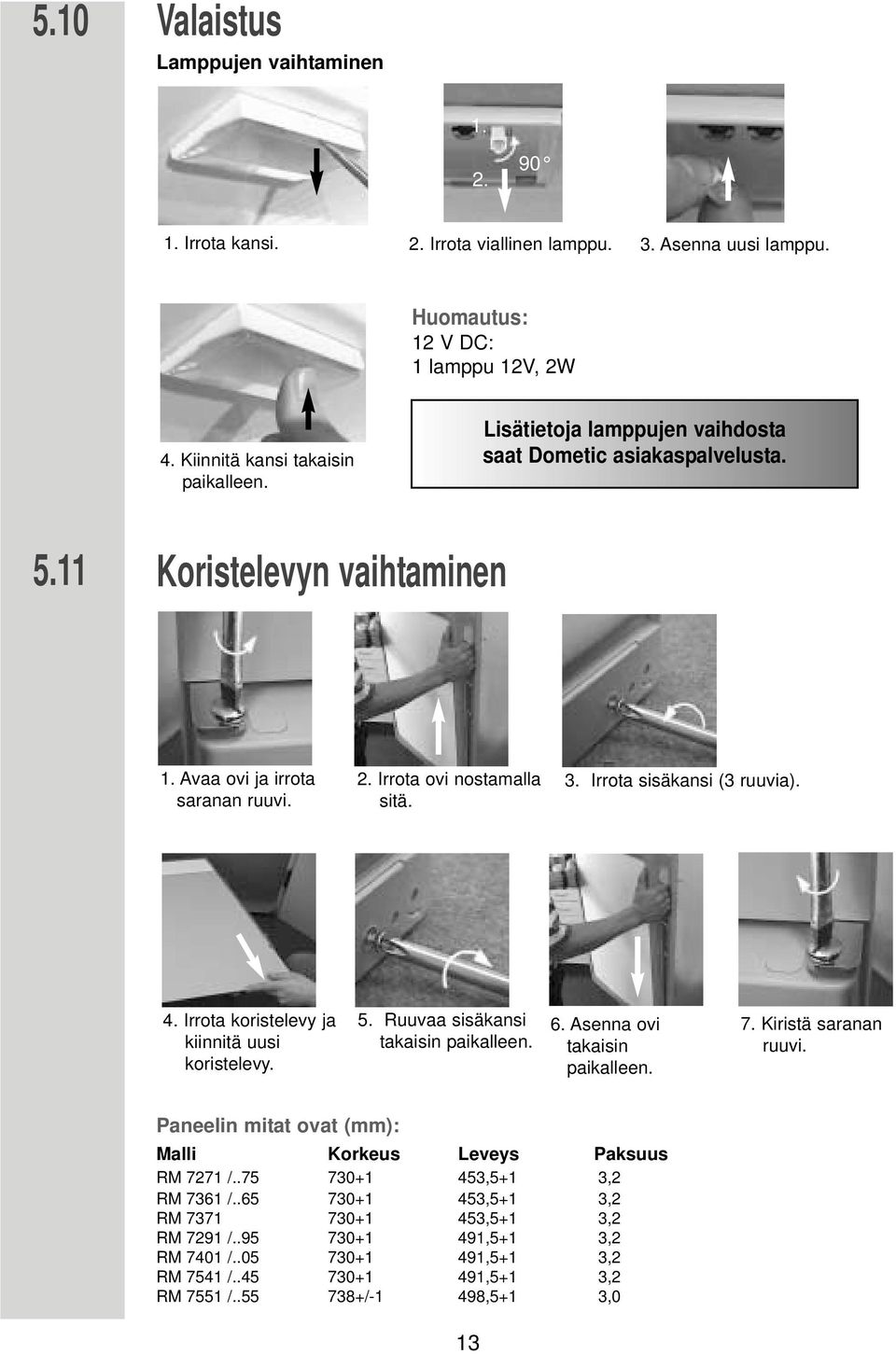 Irrota koristelevy ja kiinnitä uusi koristelevy. 5. Ruuvaa sisäkansi takaisin paikalleen. 6. Asenna ovi takaisin paikalleen. 7. Kiristä saranan ruuvi.