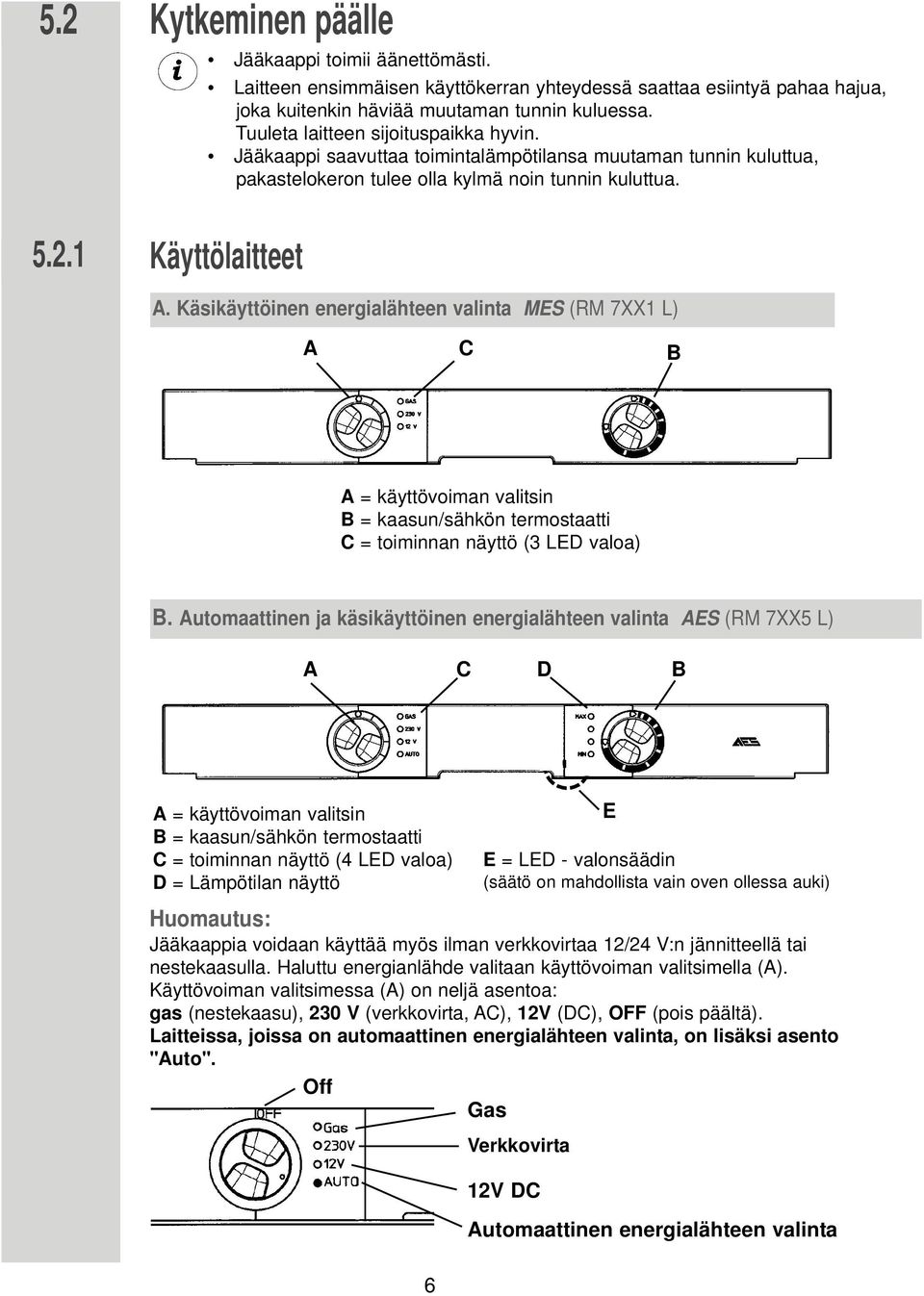Käsikäyttöinen energialähteen valinta MES (RM 7XX1 L) A C B A = käyttövoiman valitsin B = kaasun/sähkön termostaatti C = toiminnan näyttö (3 LED valoa) B.