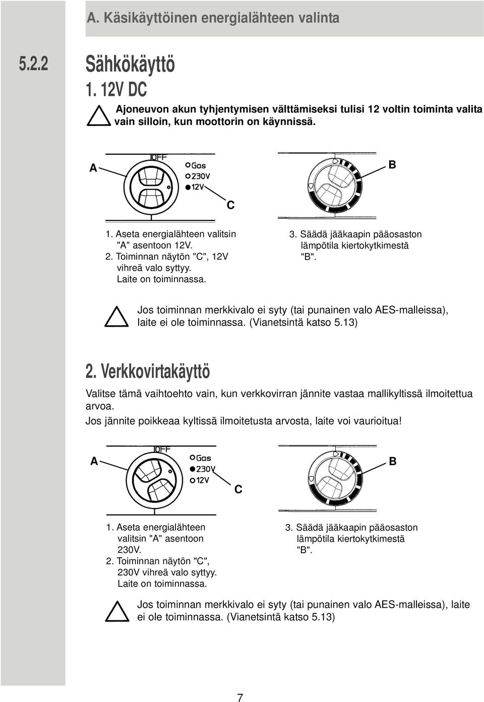 Jos toiminnan merkkivalo ei syty (tai punainen valo AES-malleissa), laite ei ole toiminnassa. (Vianetsintä katso 5.13) 2.