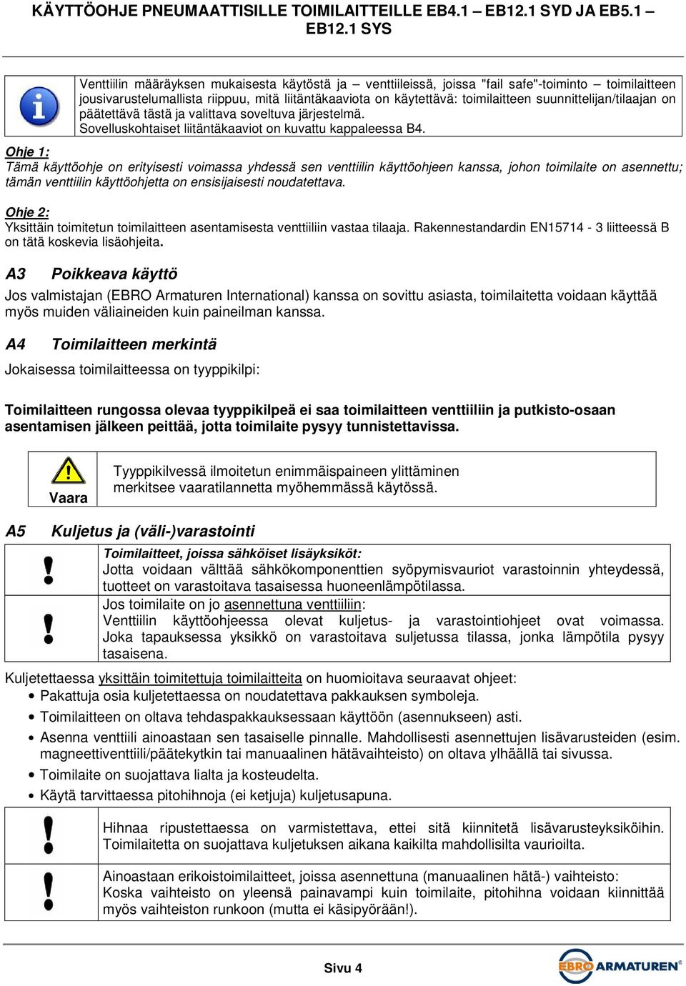 Ohje 1: Tämä käyttöohje on erityisesti voimassa yhdessä sen venttiilin käyttöohjeen kanssa, johon toimilaite on asennettu; tämän venttiilin käyttöohjetta on ensisijaisesti noudatettava.