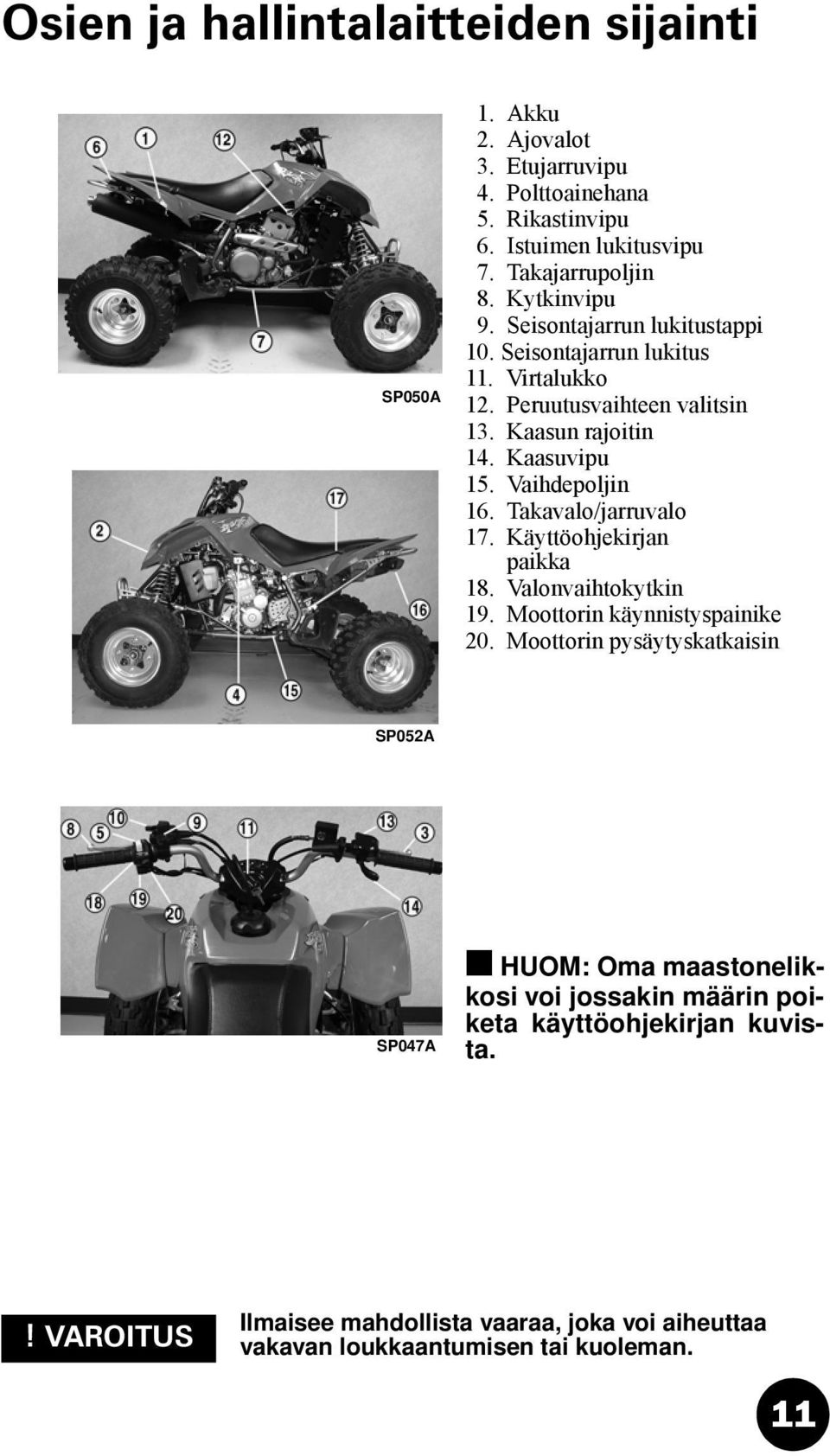 Kaasun rajoitin 14. Kaasuvipu 15. Vaihdepoljin 16. Takavalo/jarruvalo 17. Käyttöohjekirjan paikka 18. Valonvaihtokytkin 19.