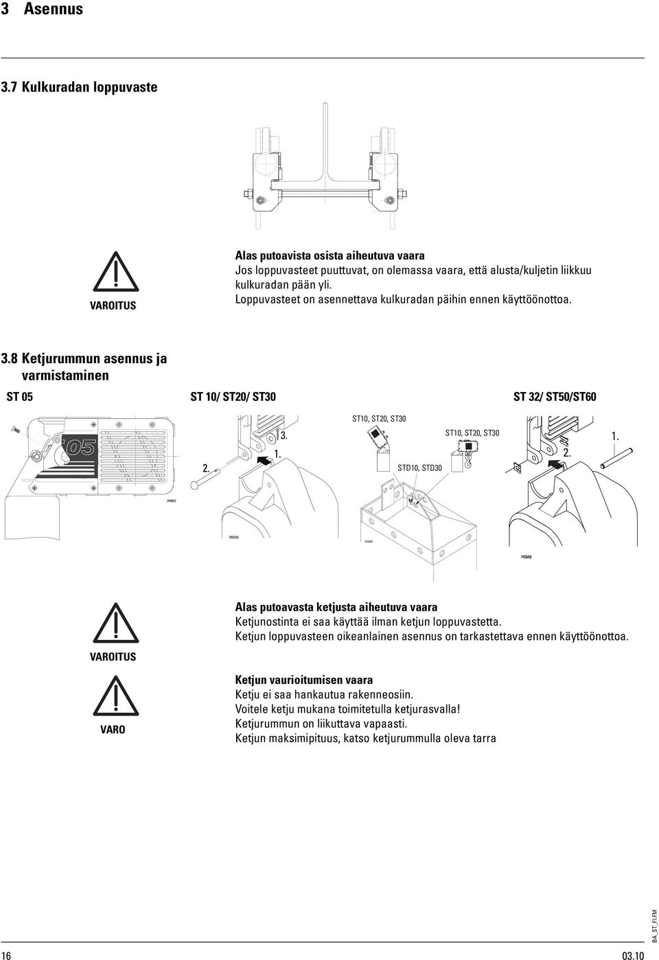 8 Ketjurummun asennus ja varmistaminen ST 05 ST / ST20/ ST30 ST 32/ ST50/ST0 ST, ST20, ST30 ST, ST20, ST30 STD, STD30 W08 VAROITUS VARO Alas putoavasta ketjusta aiheutuva vaara Ketjunostinta ei