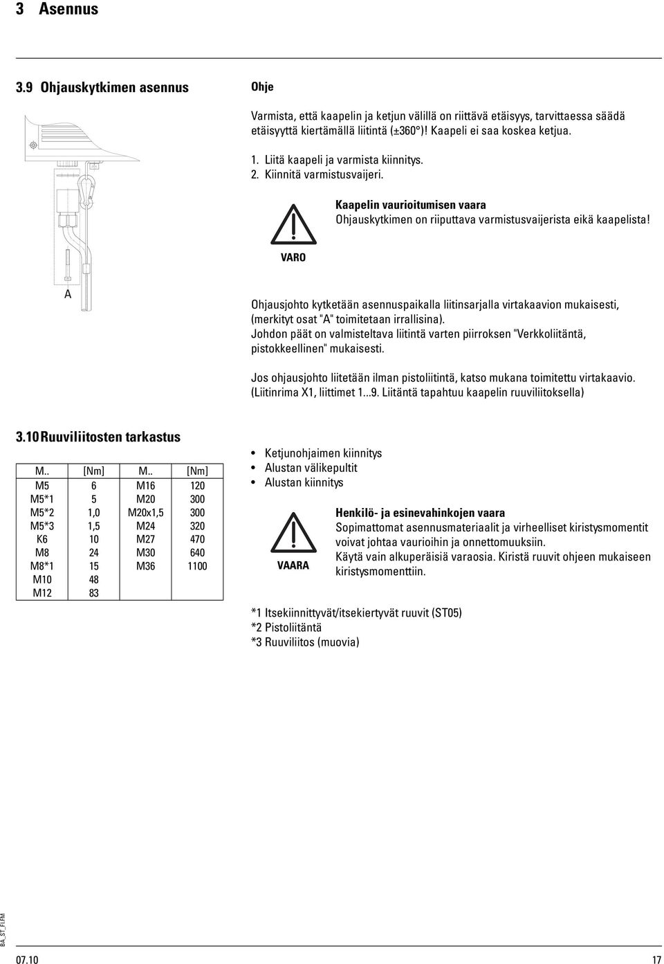 VARO Ohjausjohto kytketään asennuspaikalla liitinsarjalla virtakaavion mukaisesti, (merkityt osat "A" toimitetaan irrallisina).