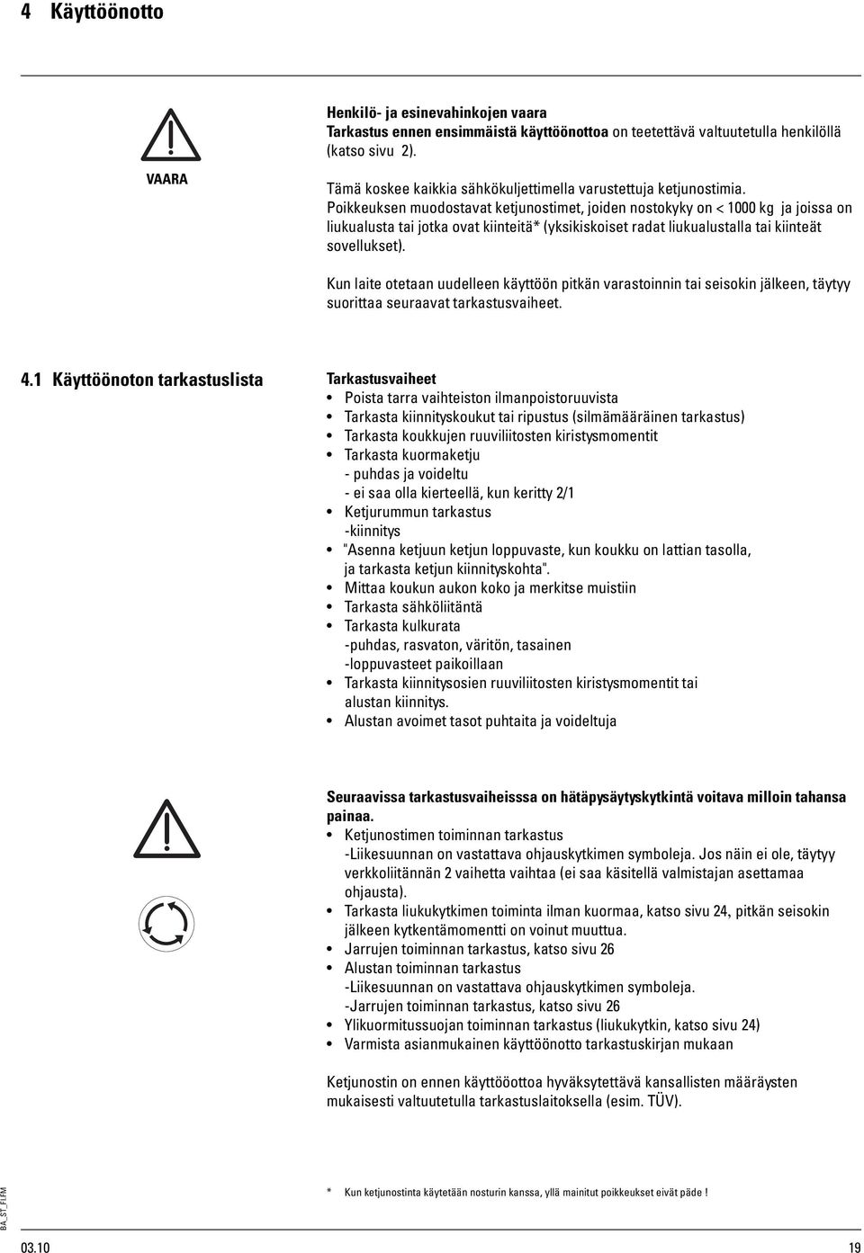 Poikkeuksen muodostavat ketjunostimet, joiden nostokyky on < 00 kg ja joissa on liukualusta tai jotka ovat kiinteitä* (yksikiskoiset radat liukualustalla tai kiinteät sovellukset).