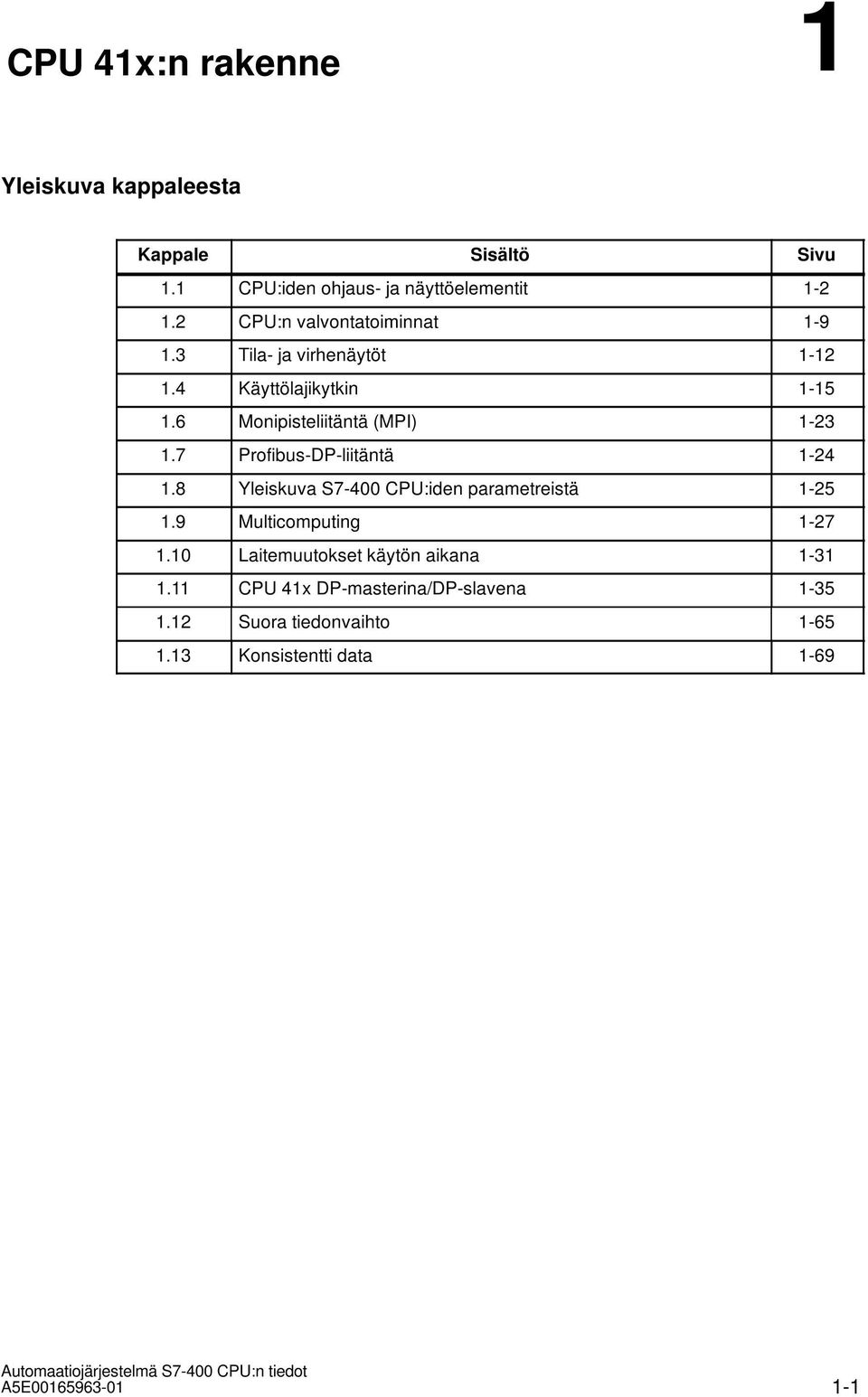 6 Monipisteliitäntä (MPI) 1-23 1.7 Profibus-DP-liitäntä 1-24 1.8 Yleiskuva S7-400 CPU:iden parametreistä 1-25 1.