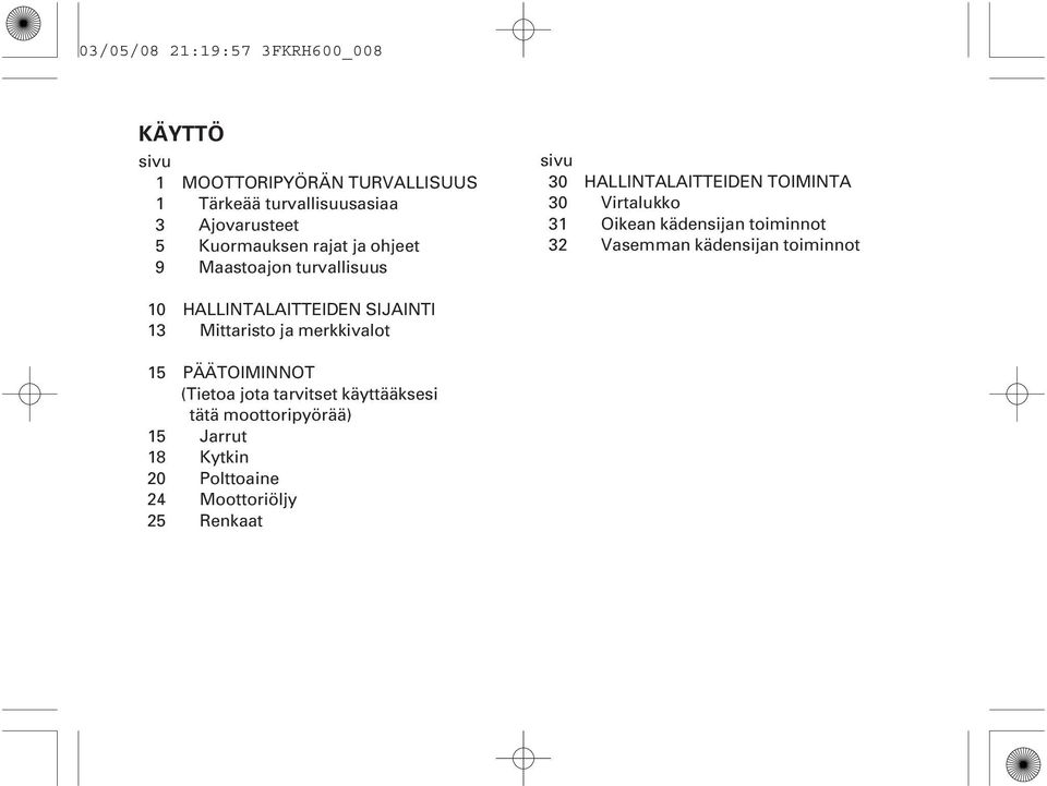 kädensijan toiminnot 32 Vasemman kädensijan toiminnot 10 HALLINTALAITTEIDEN SIJAINTI 13 Mittaristo ja merkkivalot 15