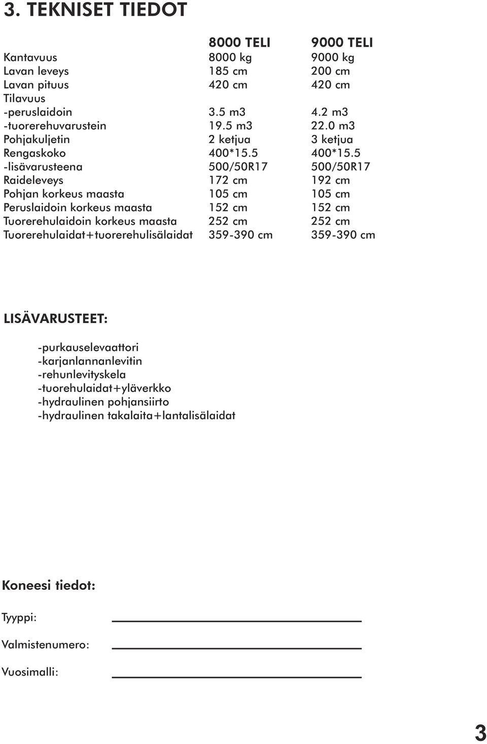 5 -lisävarusteena 500/50R17 500/50R17 Raideleveys 172 cm 192 cm Pohjan korkeus maasta 105 cm 105 cm Peruslaidoin korkeus maasta 152 cm 152 cm Tuorerehulaidoin korkeus maasta 252