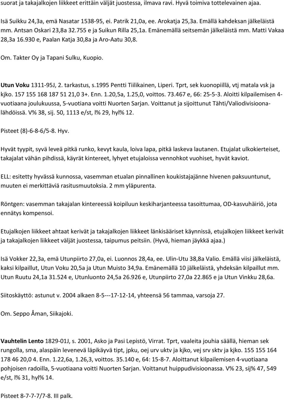 Takter Oy ja Tapani Sulku, Kuopio. Utun Voku 1311 95J, 2. tarkastus, s.1995 Pentti Tiilikainen, Liperi. Tprt, sek kuonopiillä, vtj matala vsk ja kjko. 157 155 168 187 51 21,0 3+. Enn. 1.20,5a, 1.