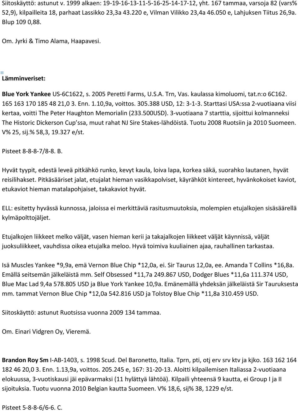 165 163 170 185 48 21,0 3. Enn. 1.10,9a, voittos. 305.388 USD, 12: 3 1 3. Starttasi USA:ssa 2 vuotiaana viisi kertaa, voitti The Peter Haughton Memorialin (233.500USD).