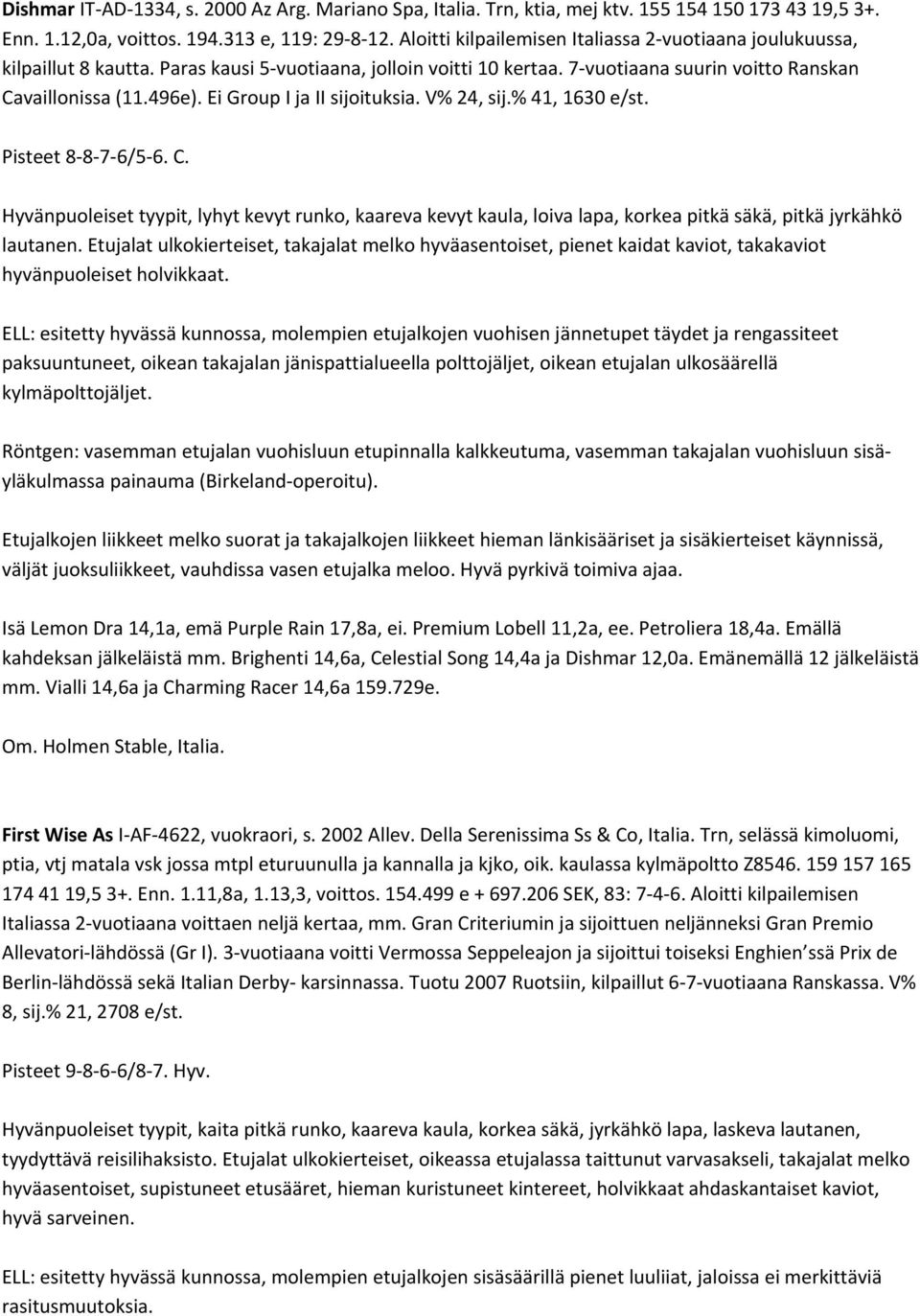 Ei Group I ja II sijoituksia. V% 24, sij.% 41, 1630 e/st. Pisteet 8 8 7 6/5 6. C. Hyvänpuoleiset tyypit, lyhyt kevyt runko, kaareva kevyt kaula, loiva lapa, korkea pitkä säkä, pitkä jyrkähkö lautanen.