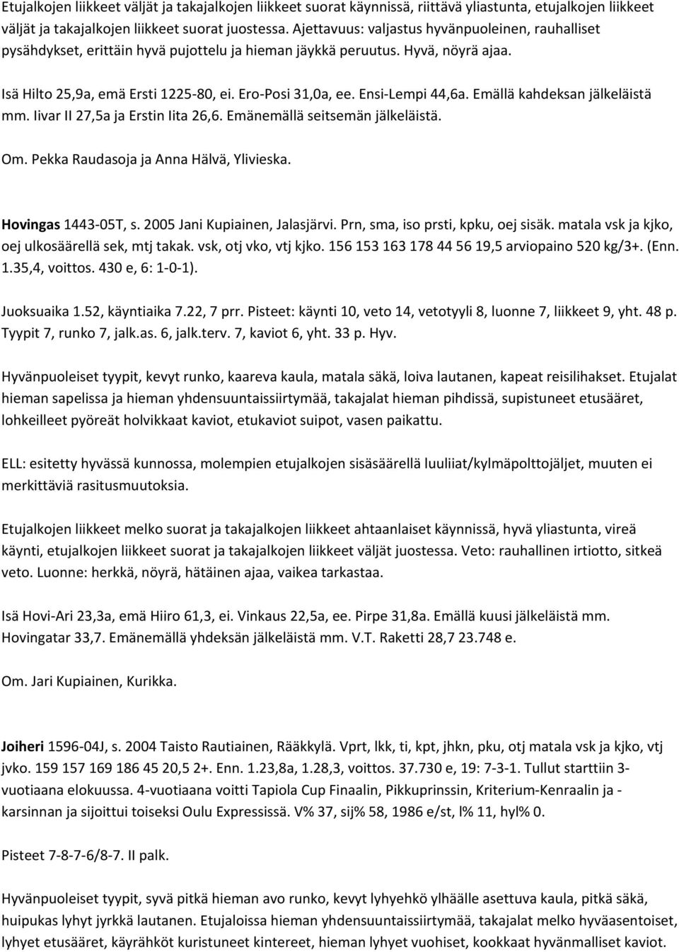 Ensi Lempi 44,6a. Emällä kahdeksan jälkeläistä mm. Iivar II 27,5a ja Erstin Iita 26,6. Emänemällä seitsemän jälkeläistä. Om. Pekka Raudasoja ja Anna Hälvä, Ylivieska. Hovingas 1443 05T, s.