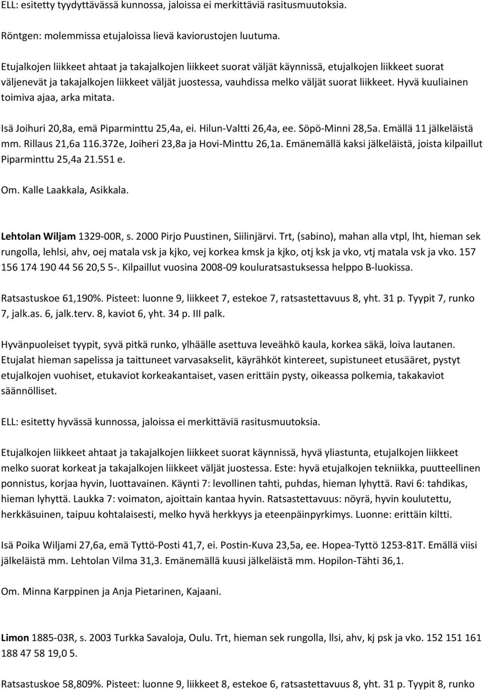 Hyvä kuuliainen toimiva ajaa, arka mitata. Isä Joihuri 20,8a, emä Piparminttu 25,4a, ei. Hilun Valtti 26,4a, ee. Söpö Minni 28,5a. Emällä 11 jälkeläistä mm. Rillaus 21,6a 116.