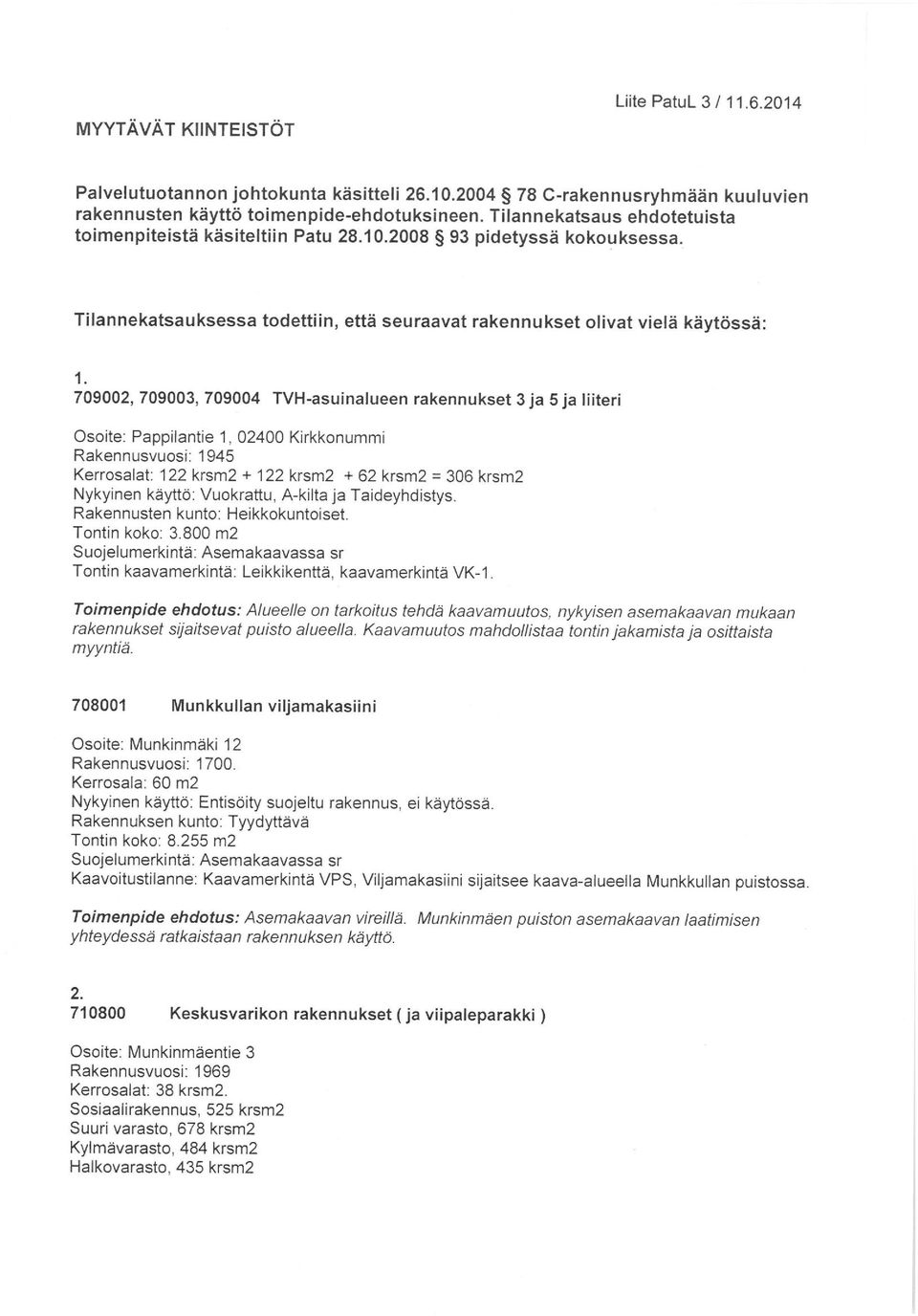 709002, 709003, 709004 TVH-asuinalueen rakennukset 3 ja 5 ja liiteri Osoite: Pappilantie 1, 02400 Kirkkonummi Rakennusvuosi: 1945 Kerrosalat: 122 krsm2 + 122 krsm2 + 62 krsm2 = 306 krsm2 Nykyinen