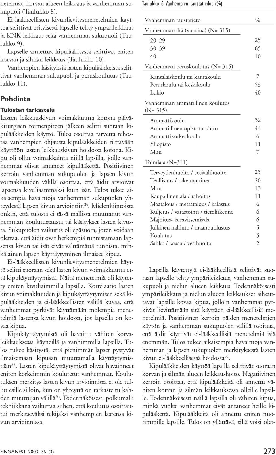 Lapselle annettua kipulääkitystä selittivät eniten korvan ja silmän leikkaus (Taulukko 10). Vanhempien käsityksiä lasten kipulääkkeistä selittivät vanhemman sukupuoli ja peruskoulutus (Taulukko 11).