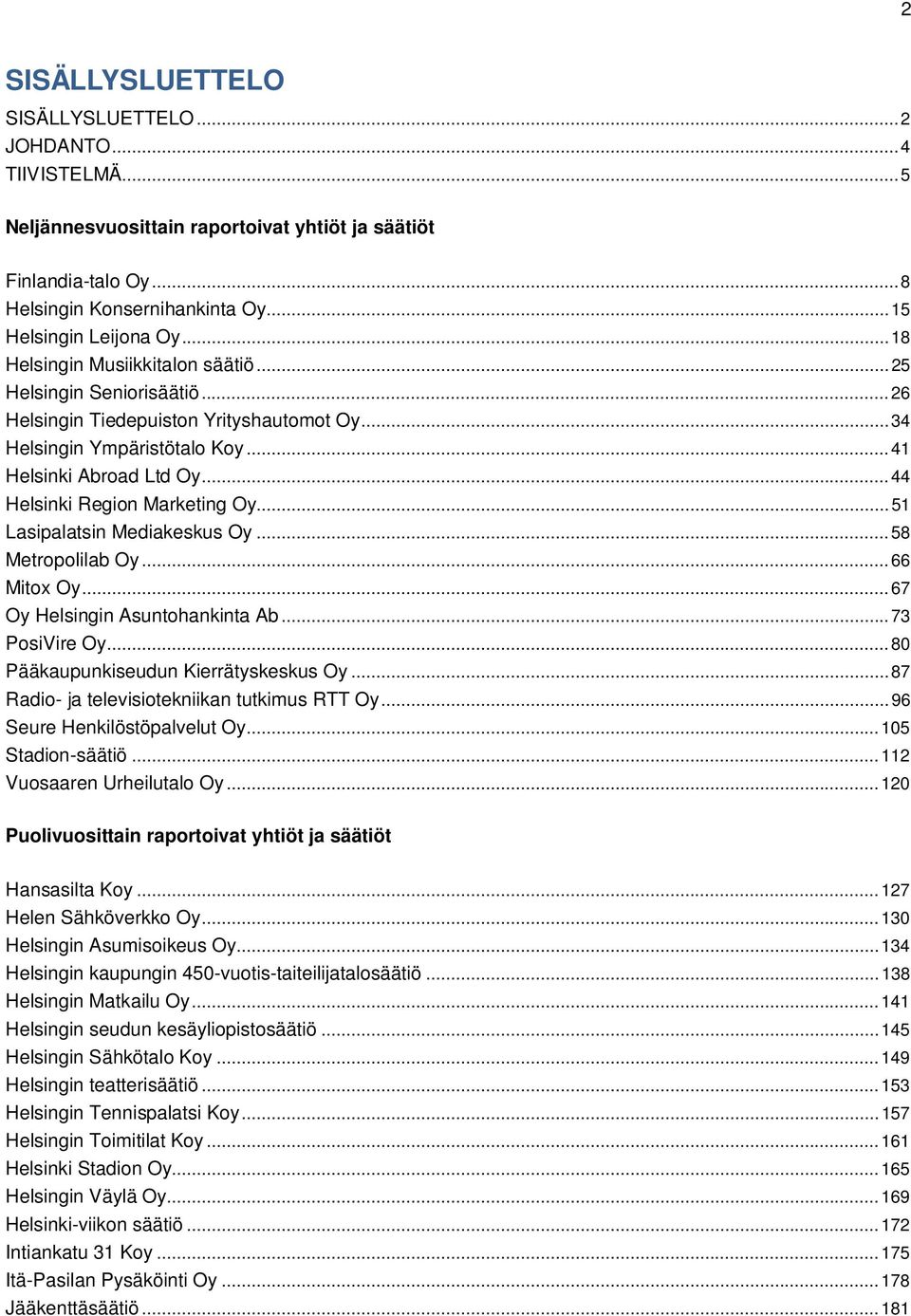 .. 44 Helsinki Region Marketing Oy... 51 Lasipalatsin Mediakeskus Oy... 58 Metropolilab Oy... 66 Mitox Oy... 67 Oy Helsingin Asuntohankinta Ab... 73 PosiVire Oy.