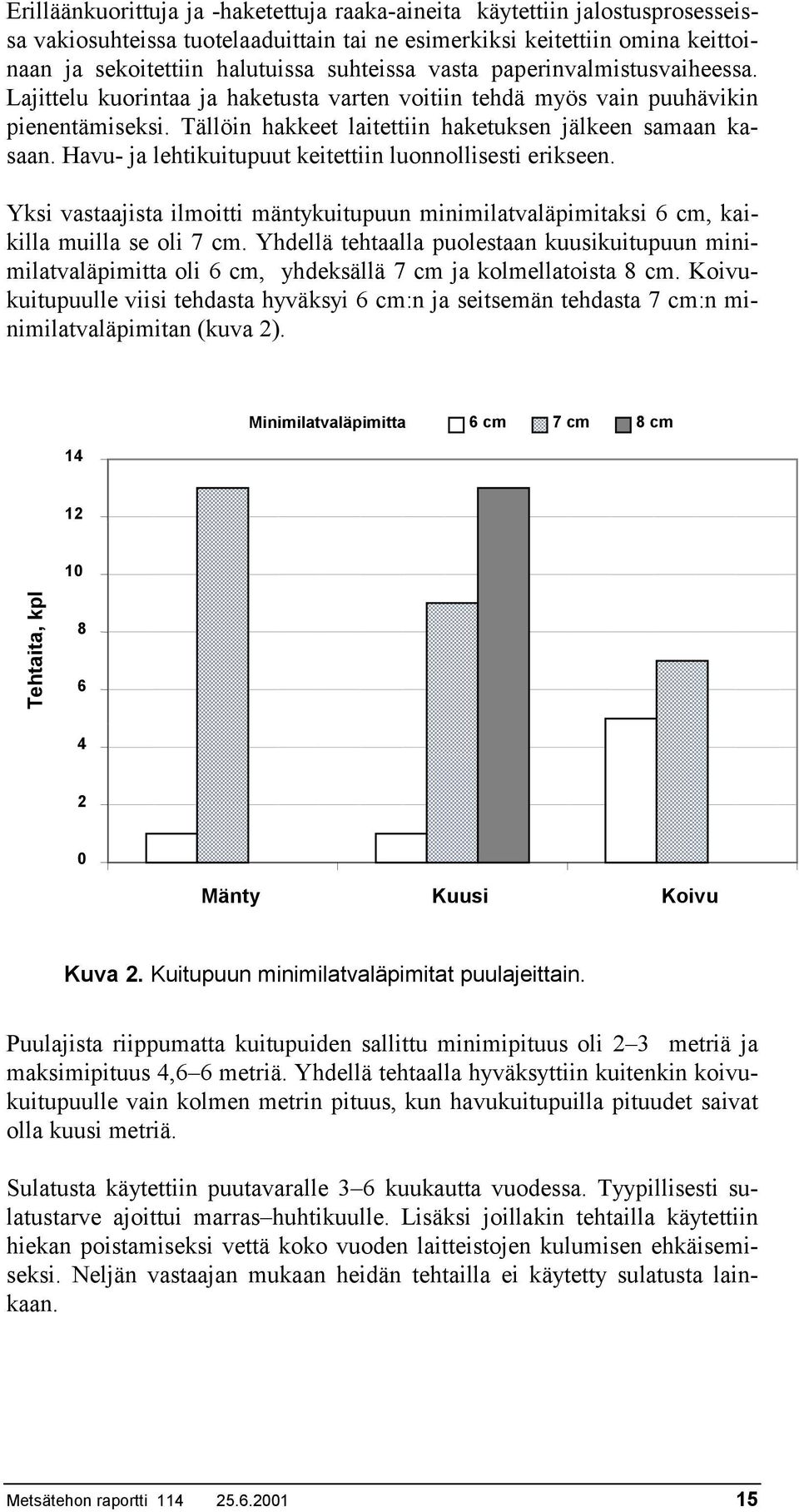 Havu- ja lehtikuitupuut keitettiin luonnollisesti erikseen. Yksi vastaajista ilmoitti mäntykuitupuun minimilatvaläpimitaksi 6 cm, kaikilla muilla se oli 7 cm.