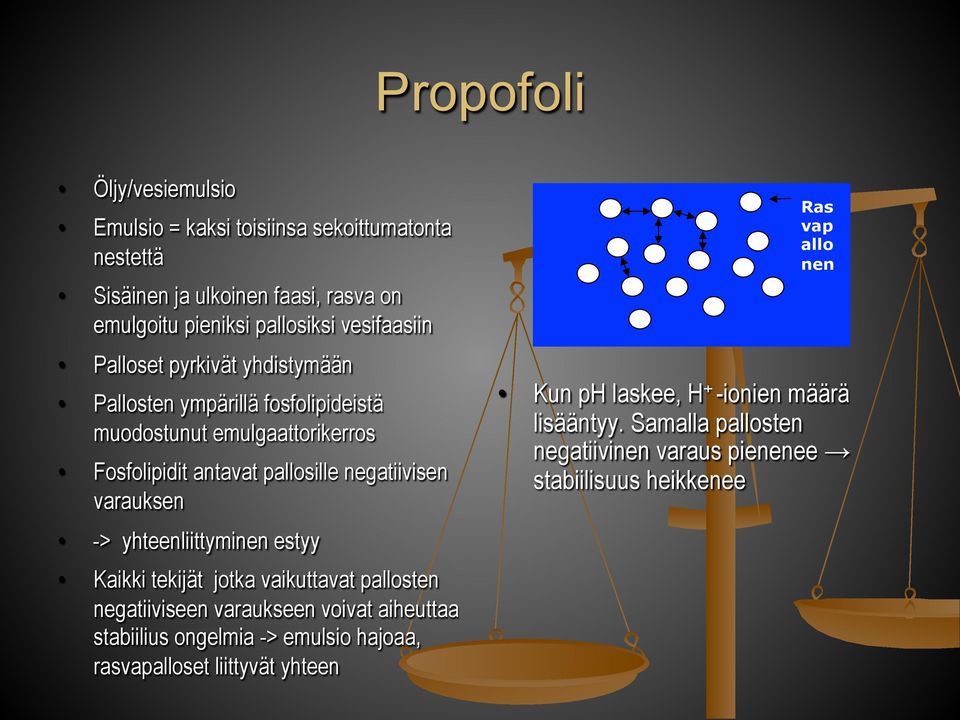 varauksen -> yhteenliittyminen estyy Kaikki tekijät jotka vaikuttavat pallosten negatiiviseen varaukseen voivat aiheuttaa stabiilius ongelmia -> emulsio