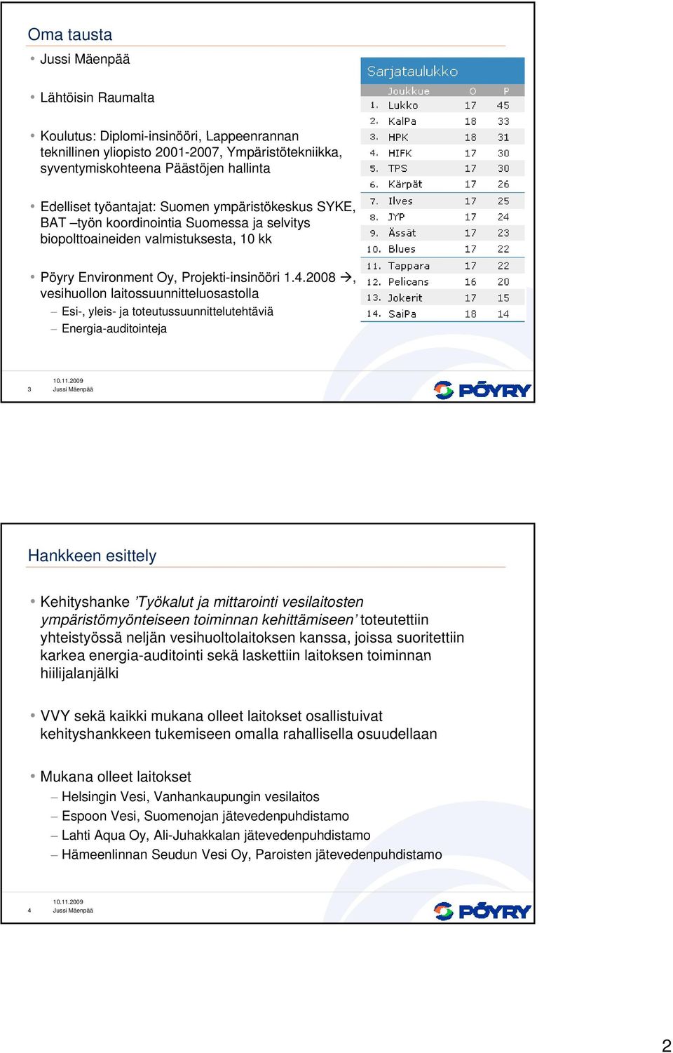 2008, vesihuollon laitossuunnitteluosastolla Esi-, yleis- ja toteutussuunnittelutehtäviä Energia-auditointeja 3 Hankkeen esittely Kehityshanke Työkalut ja mittarointi vesilaitosten