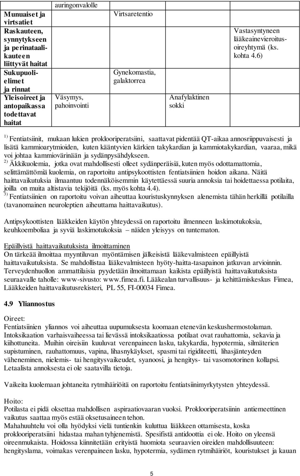 6) 1) Fentiatsiinit, mukaan lukien proklooriperatsiini, saattavat pidentää QT-aikaa annosriippuvaisesti ja lisätä kammioarytmioiden, kuten kääntyvien kärkien takykardian ja kammiotakykardian, vaaraa,