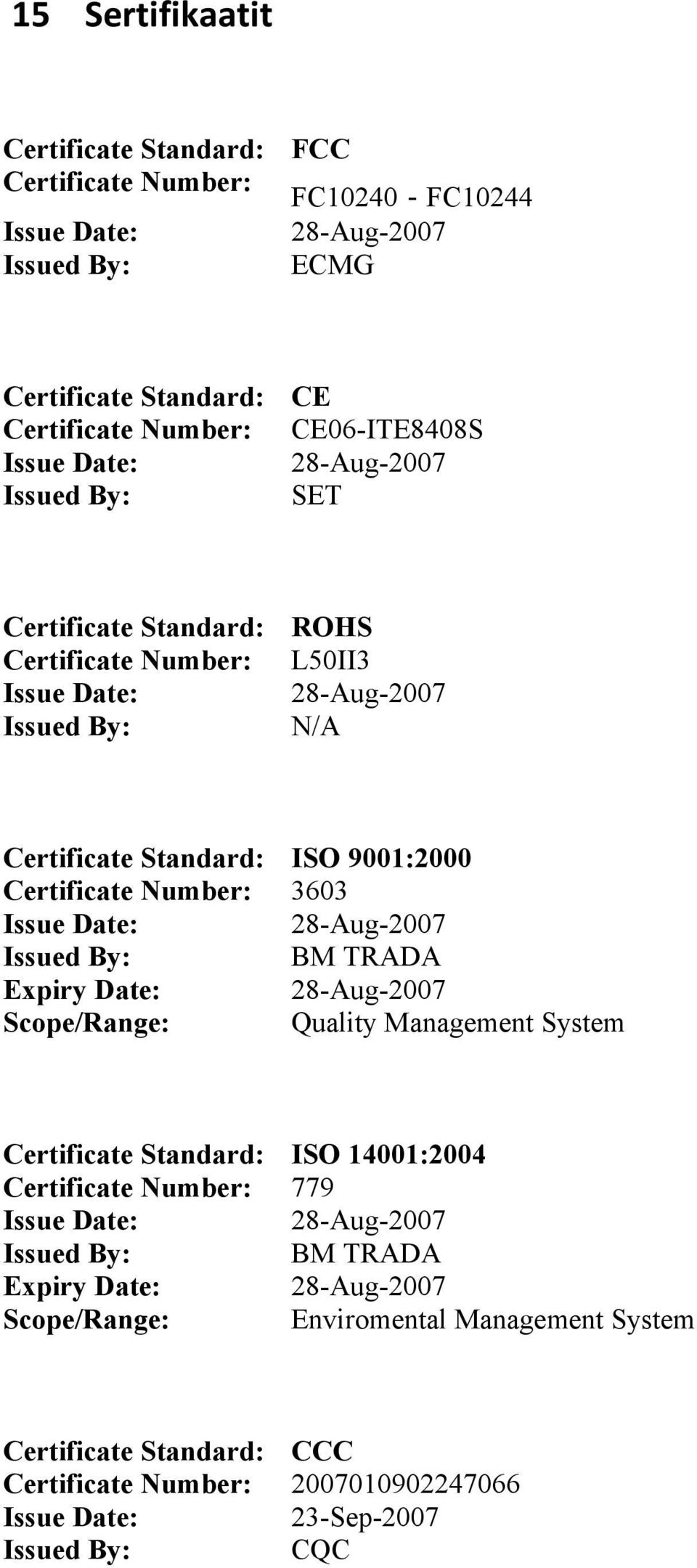 Expiry Date: Scope/Range: ISO 9001:2000 3603 28-Aug-2007 BM TRADA 28-Aug-2007 Quality Management System Certificate Standard: Certificate Number: Issue Date: Issued By: Expiry Date: