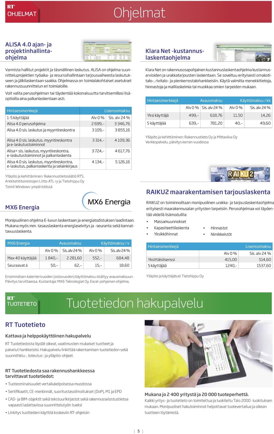 Ohjelmassa on toimialakohtaiset asetukset rakennus suunnittelun eri toimialoille. Voit valita perusohjelman tai täydentää kokonaisuutta tarvitsemillasi lisäoptioilla aina palkanlaskentaan asti.