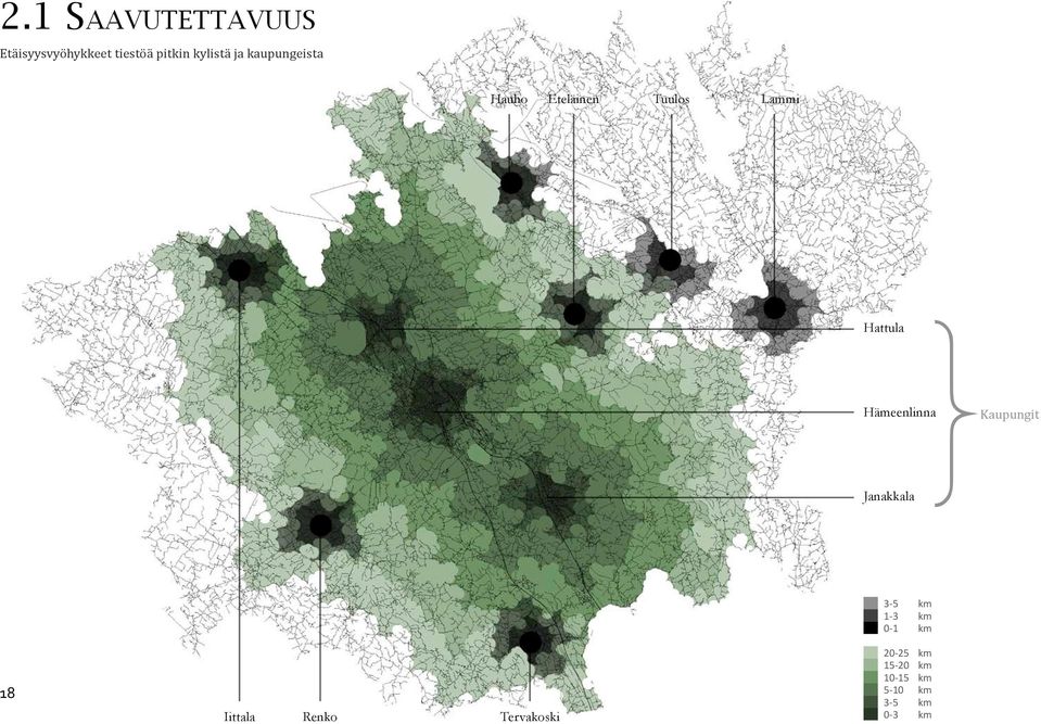 Hattula}Kaupungit Hämeenlinna Janakkala 3-5 km 1-3 km 0-1 km